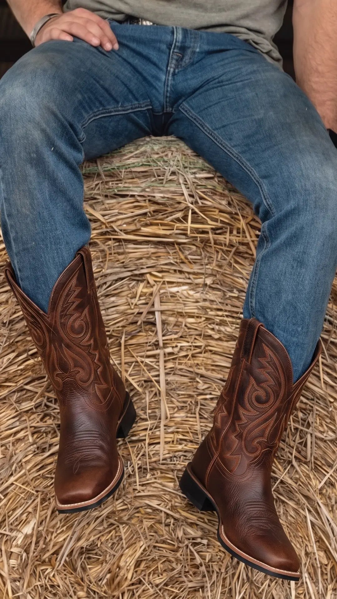 Piernas de una persona con pantalones vaqueros azules y botas vaqueras marrones sentadas sobre un fardo de paja.