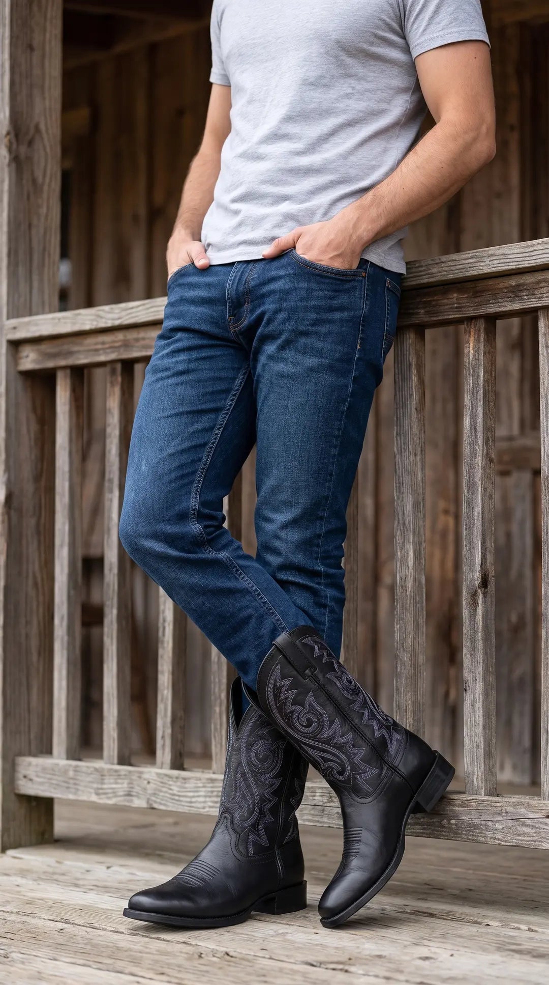 Botas vaqueras negras con bordados detallados en tonos grises, llevadas por una persona con vaqueros azules y camiseta gris, de pie sobre un suelo de madera.