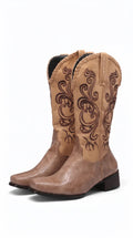 Botas Cowboy Mujer Bicolor con Bordados y Punta Cuadrada