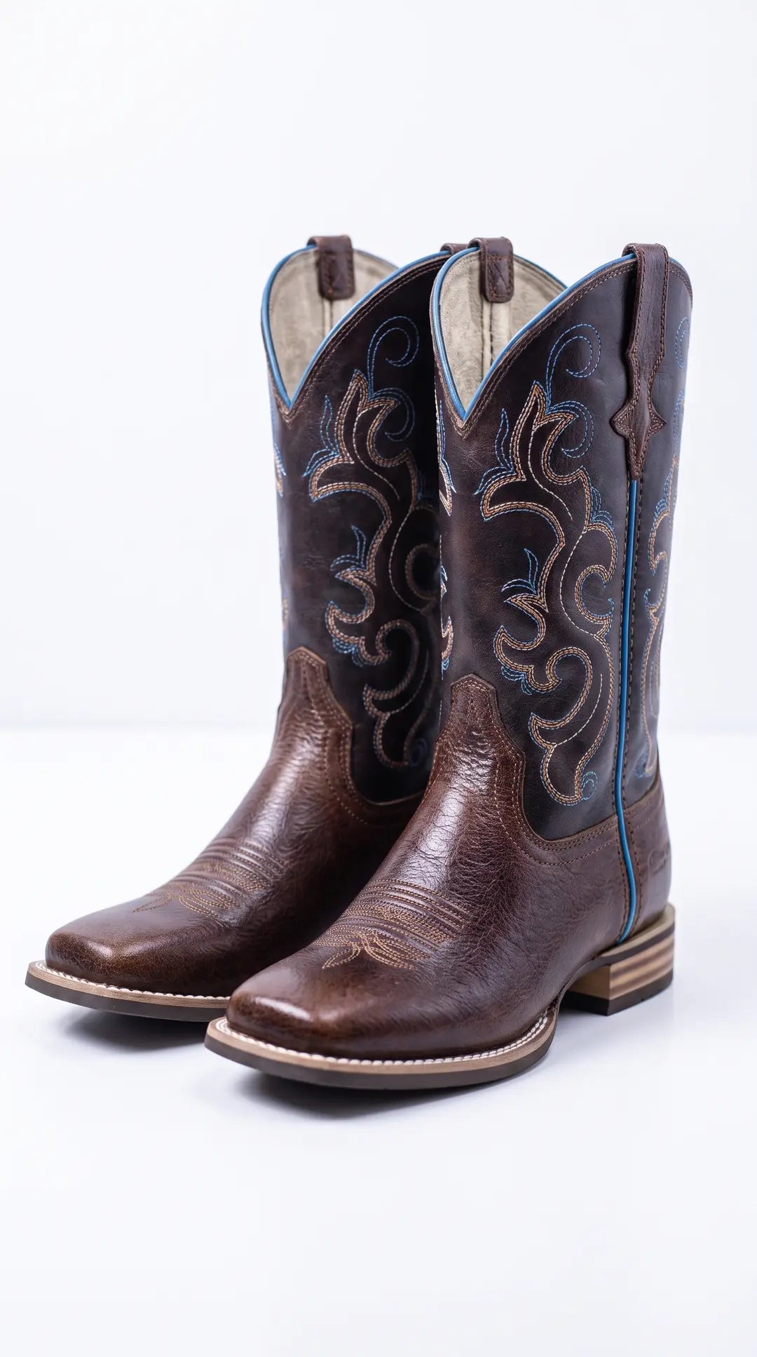 Par de botas vaqueras de cuero marrón oscuro con puntera cuadrada, bordados decorativos en azul claro y tonos tierra en la caña, y suelas y tacones con capas.