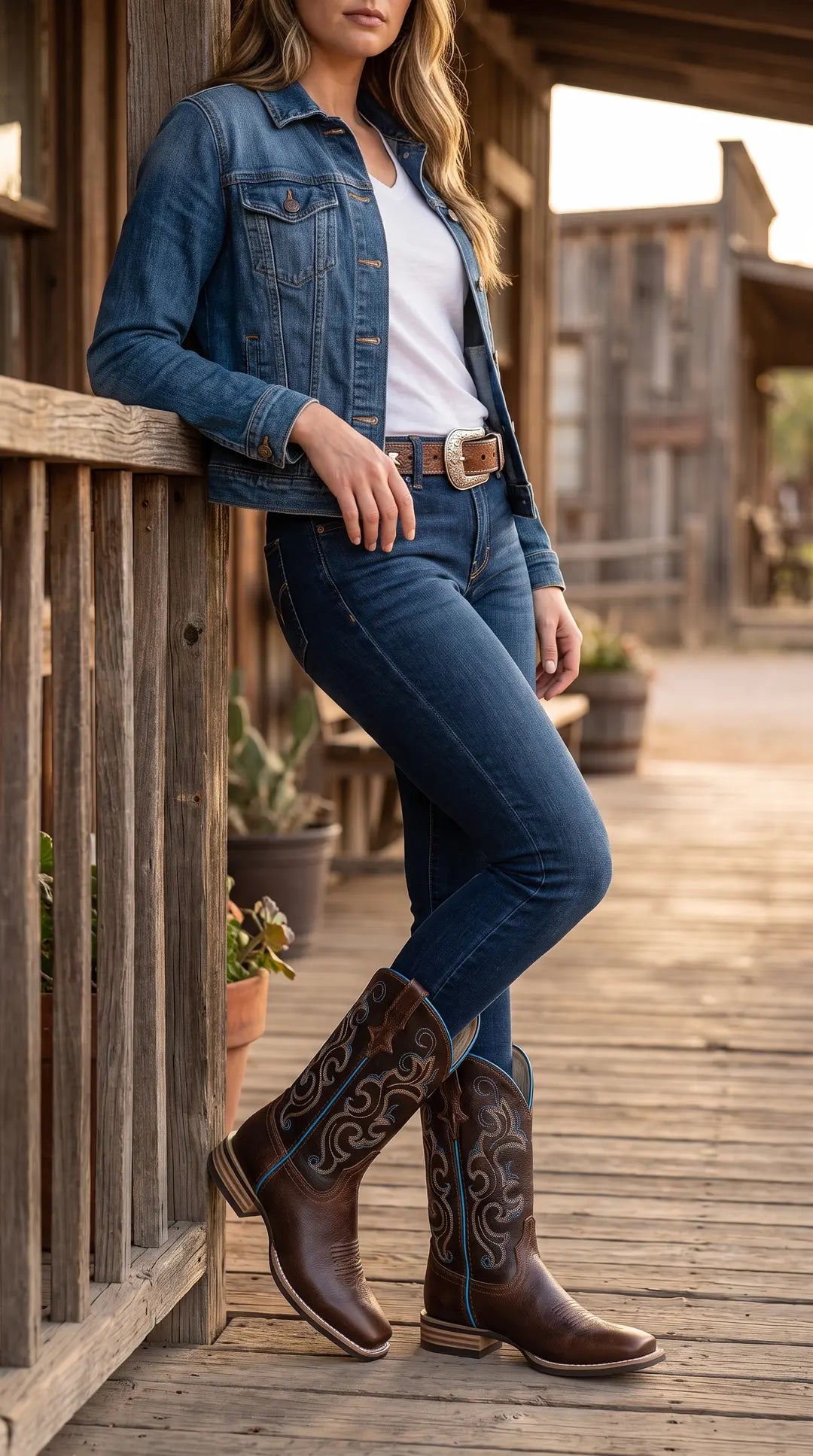 Par de botas vaqueras de cuero marrón oscuro con puntera cuadrada, bordados decorativos en azul claro y tonos tierra en la caña, y suelas y tacones con capas.