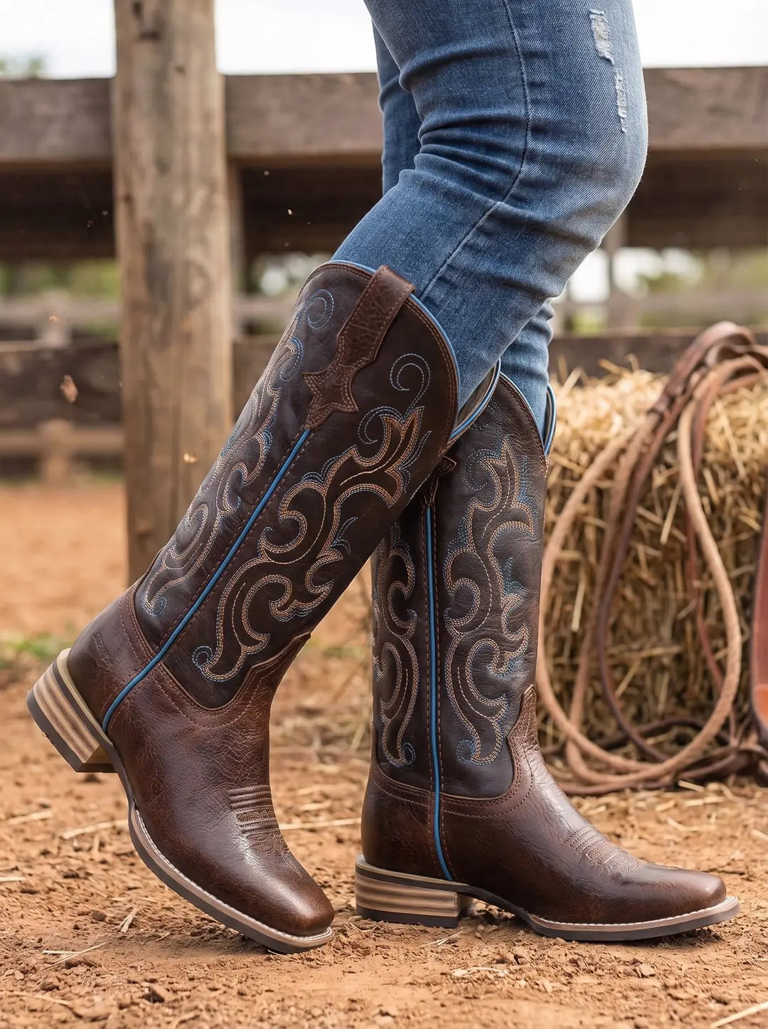 Botas vaqueras de cuero marrón con caña alta decorada con intrincados bordados en hilos azules y beige. Las botas tienen puntera cuadrada y suela de capas. Son llevadas por una persona con jeans azules sobre tierra.
