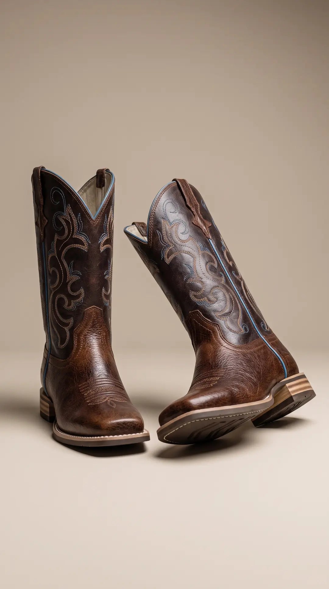 Dos botas vaqueras de cuero marrón. Una bota está de pie y la otra inclinada, mostrando su suela. Ambas presentan bordados decorativos intrincados en tonos azul claro y marrón en la caña y la punta cuadrada.