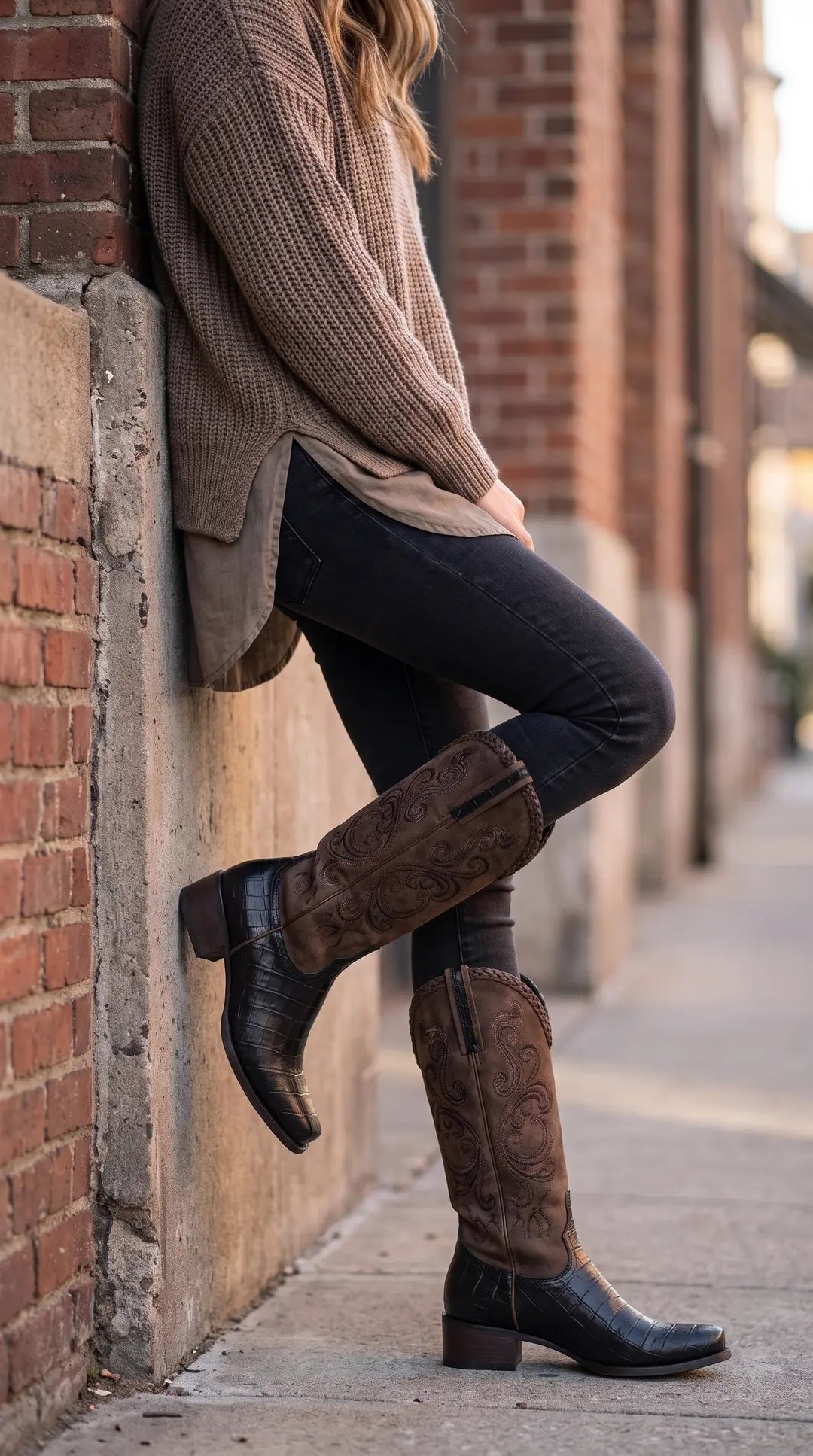 Par de botas vaqueras de dos tonos. La parte inferior es negra con textura de piel de cocodrilo y la caña superior es marrón con bordados en espiral y un borde trenzado.