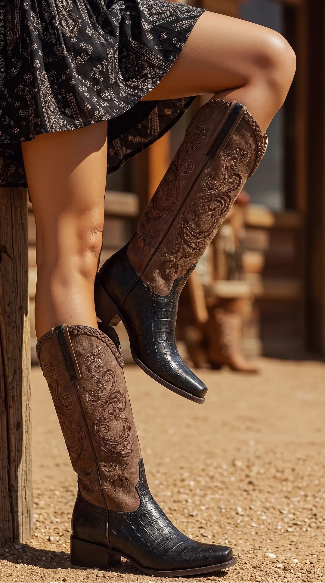 Botas vaqueras bicolores con caña marrón claro bordada con diseños en espiral y ribete trenzado en la parte superior. La parte inferior es negra con textura de piel de cocodrilo, puntera cuadrada y tacón de bloque. Una bota está levantada y la otra se apoya en el suelo arenoso.