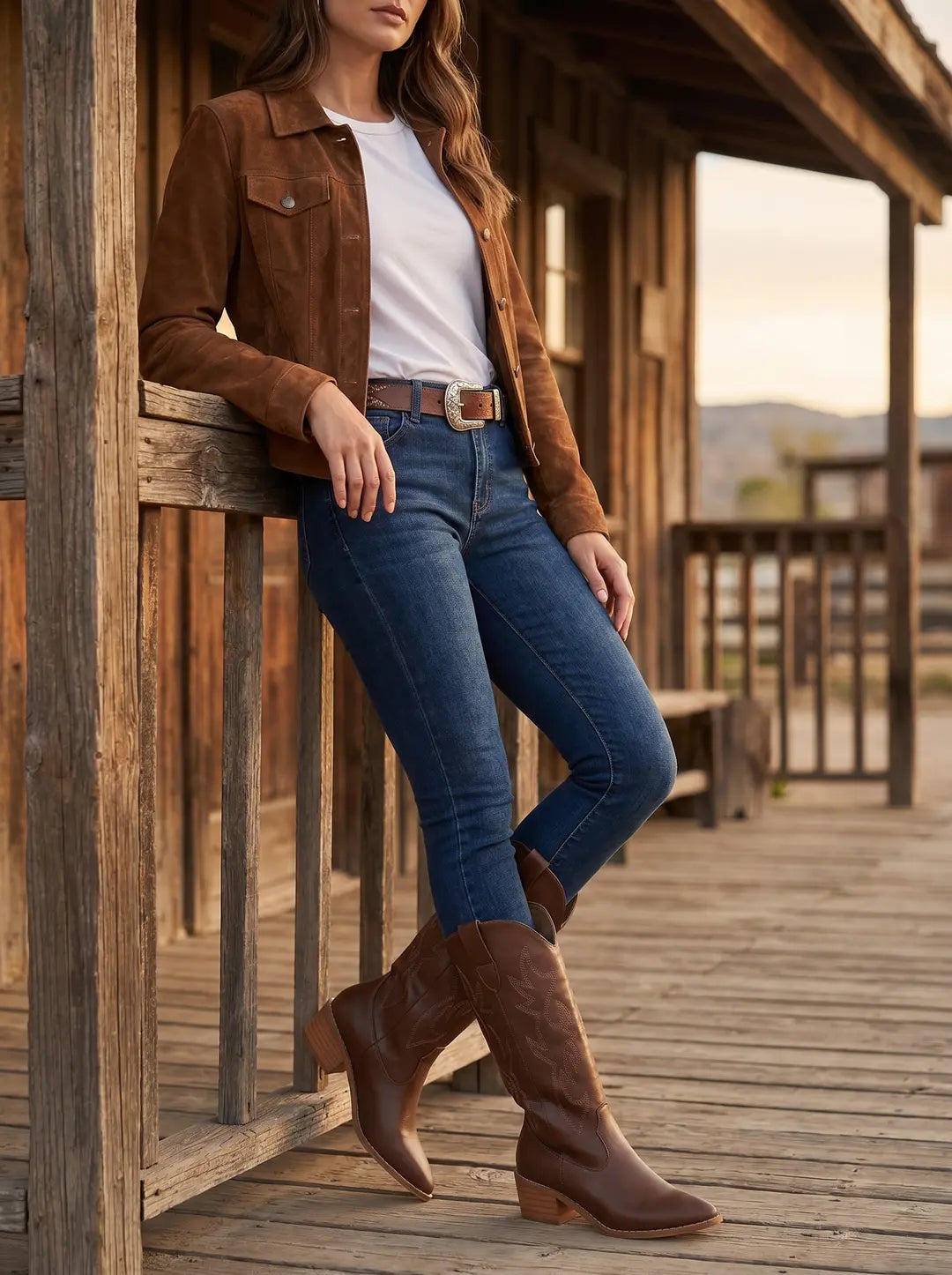 Par de botas marrones de estilo vaquero con detalles de costura en el cañón y tacón bajo, sobre un fondo blanco.