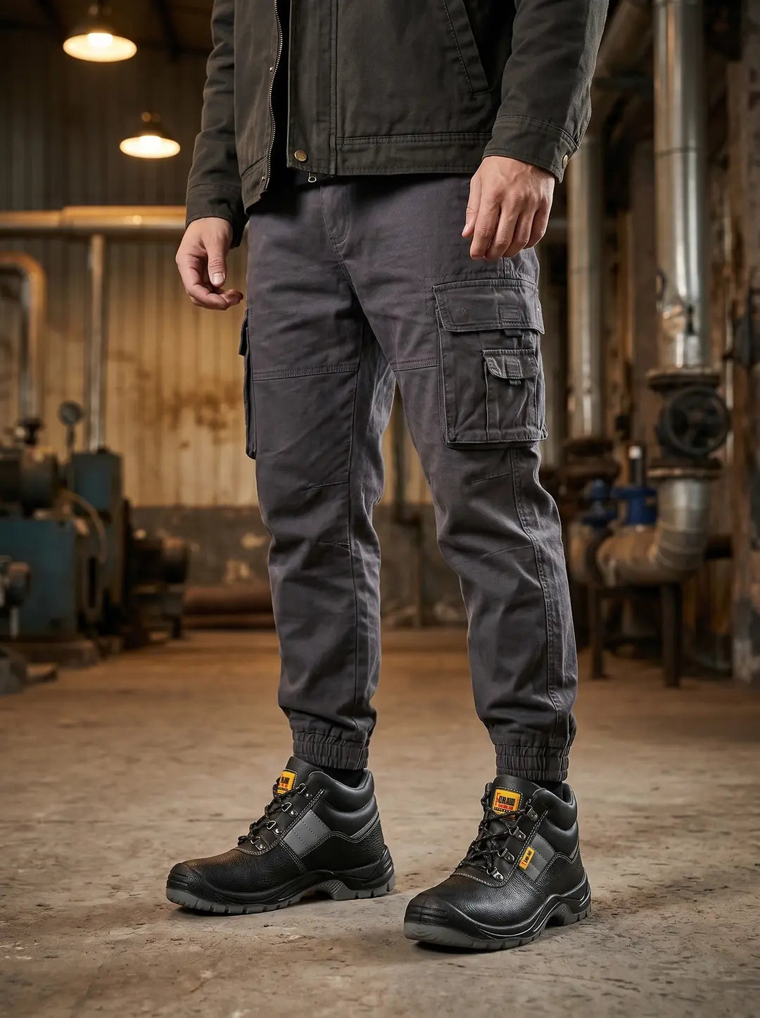 Hombre con pantalones cargo gris oscuro con puños elásticos y botas de seguridad negras con detalles grises, vistiendo una chaqueta marrón oscuro, en un entorno industrial con tuberías y maquinaria en el fondo desenfocado.