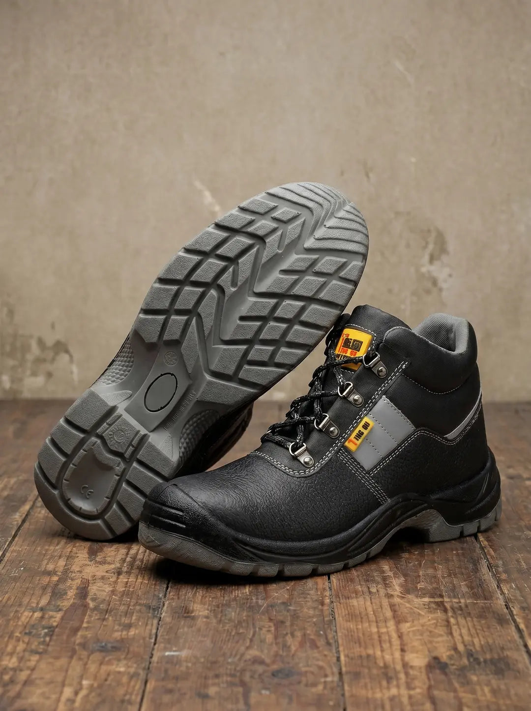 Un par de botas de trabajo negras con suelas grises se exhiben sobre un suelo de madera. Una bota está en posición vertical, la otra está de lado mostrando su suela texturizada. Las botas tienen cordones negros, detalles en gris claro en los laterales y etiquetas amarillas en la lengüeta.