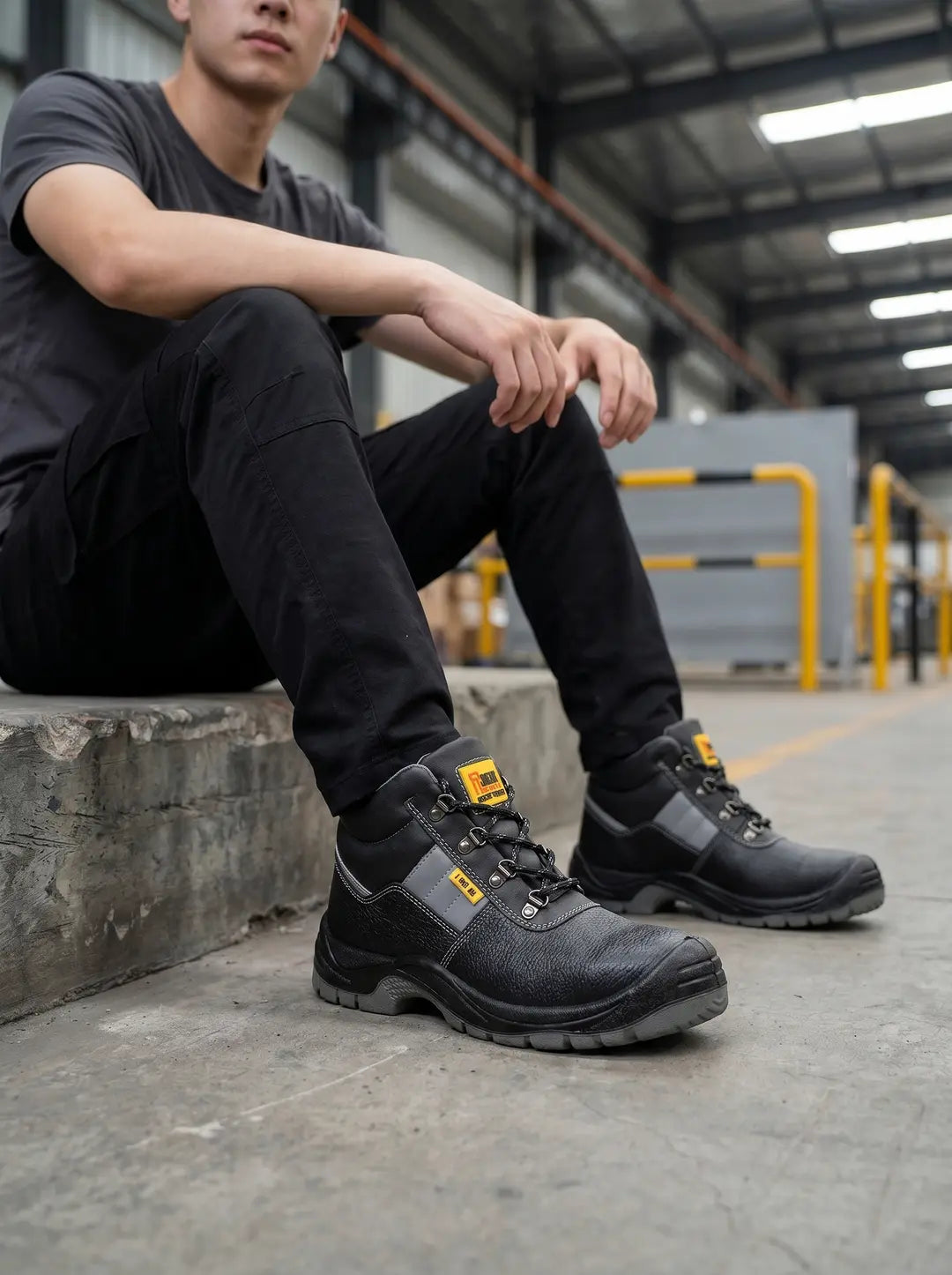 Botas de seguridad negras con textura de cuero, detalles grises en los laterales y costuras blancas contrastantes. Presentan cordones negros, ojales metálicos y suela robusta de color gris y negro. Hay etiquetas amarillas en la lengüeta y el lateral.