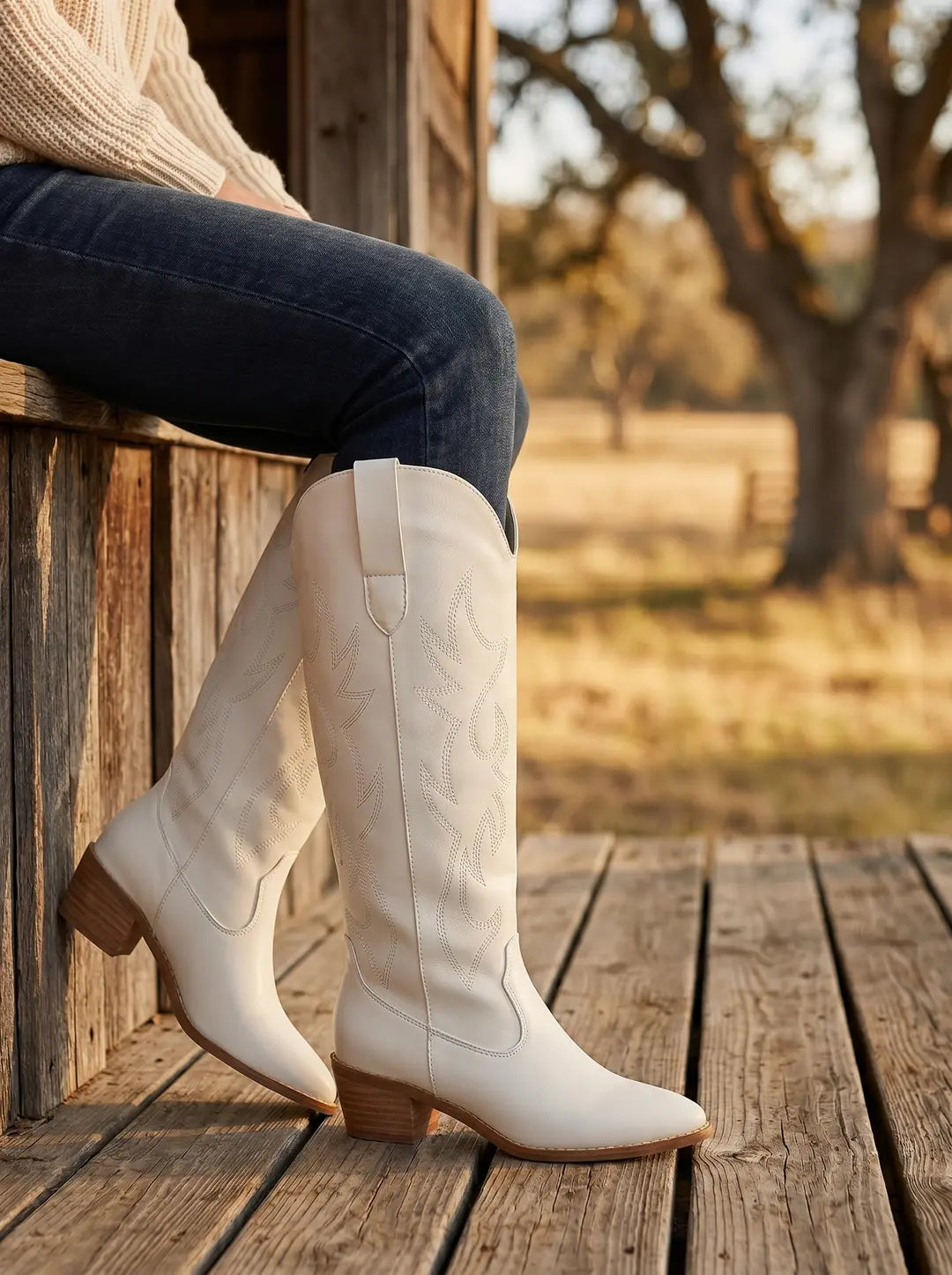Par de botas vaqueras altas de color blanco o crema, con intrincados bordados en la caña y punta cuadrada. Tienen tacones de madera y suelas claras. Una persona con jeans azules las lleva puestas mientras está sentada en una superficie de madera, con un fondo de naturaleza borroso.