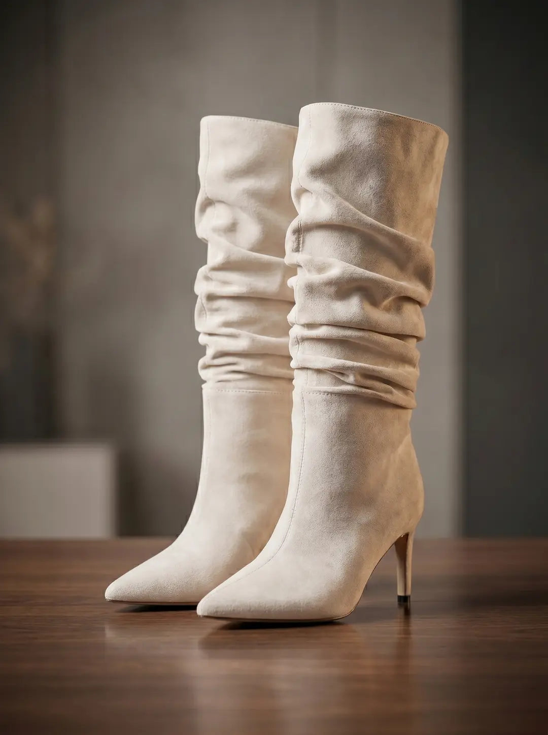 Par de botas altas de ante color crema claro con caña arrugada, punta afilada y tacón de aguja, sobre una superficie de madera.