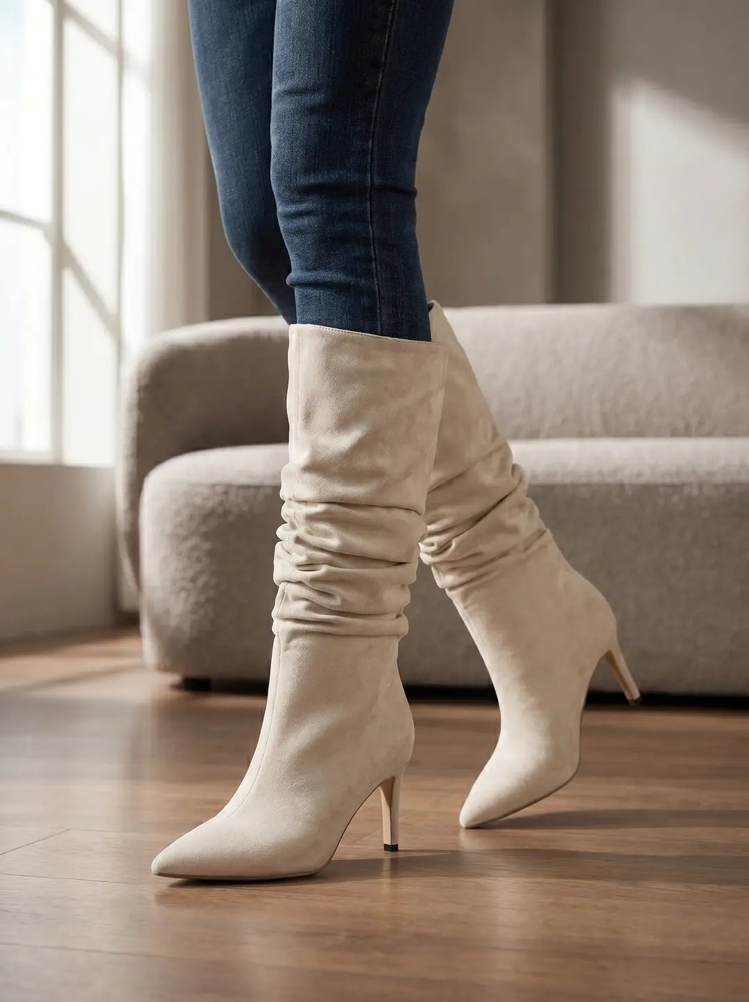 Piernas de una persona con jeans azules ajustados y botas de tacón alto color beige claro con caña fruncida y punta afilada, sobre un suelo de madera.