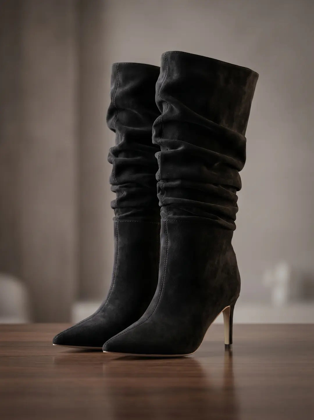 Un par de botas negras de ante con caña arrugada, puntera afilada y tacones de aguja claros. Están sobre una superficie de madera oscura.