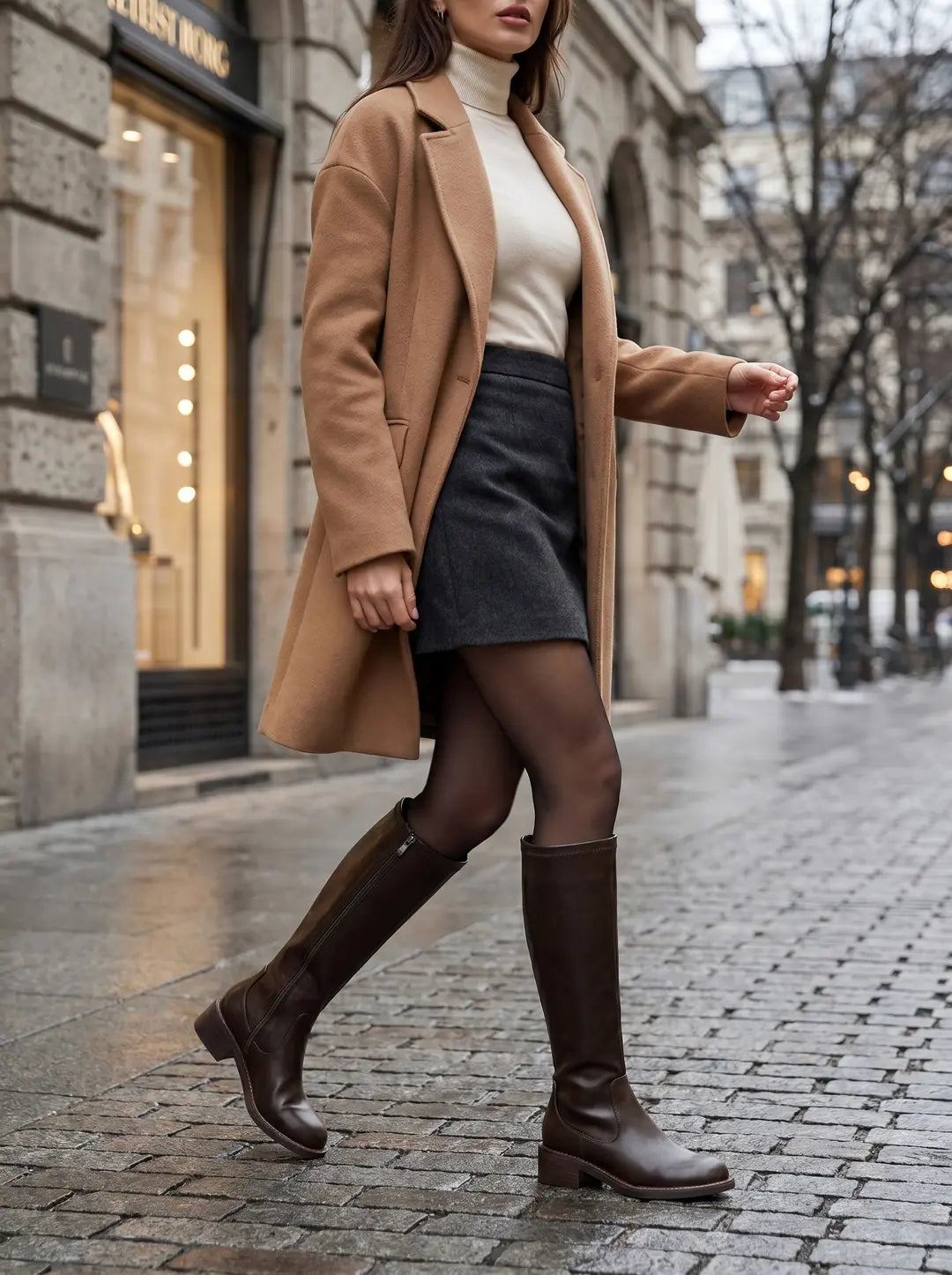 Dos botas altas hasta la rodilla de color marrón oscuro con textura lisa y tacón bajo, una de ellas con cremallera lateral, sobre un fondo blanco.