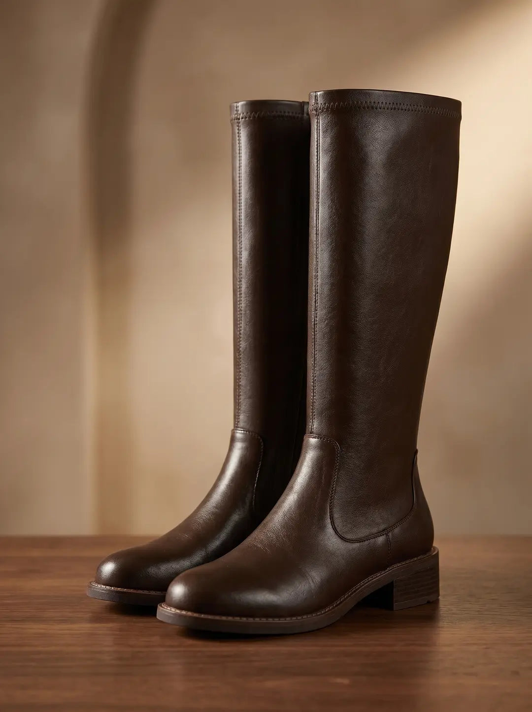 Un par de botas de caña alta marrones oscuras con tacones bajos y suela gruesa, sobre una superficie de madera.