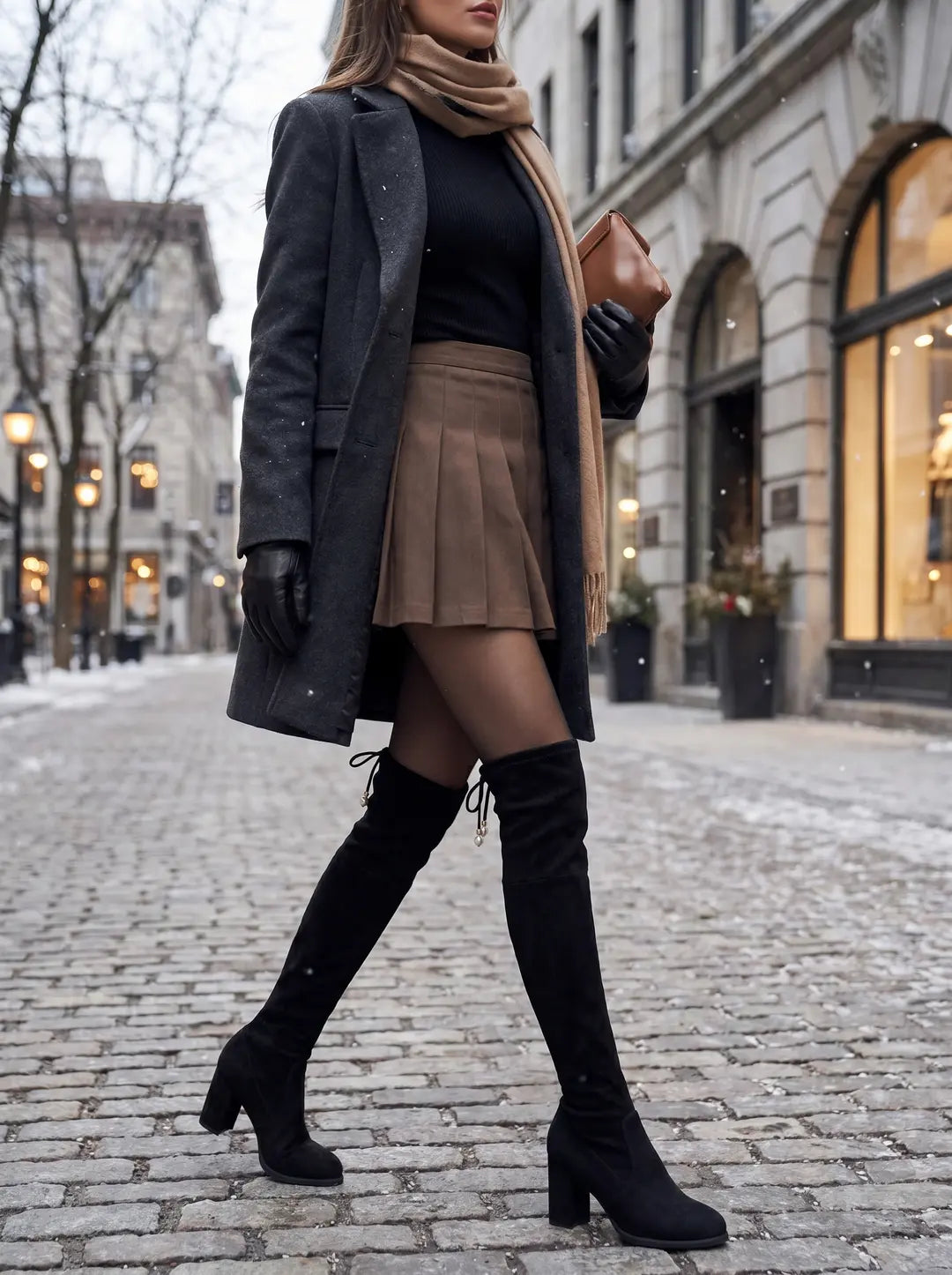 Par de botas negras de ante por encima de la rodilla con tacón grueso. La bota derecha presenta un cordón decorativo con dos perlas blancas en los extremos.