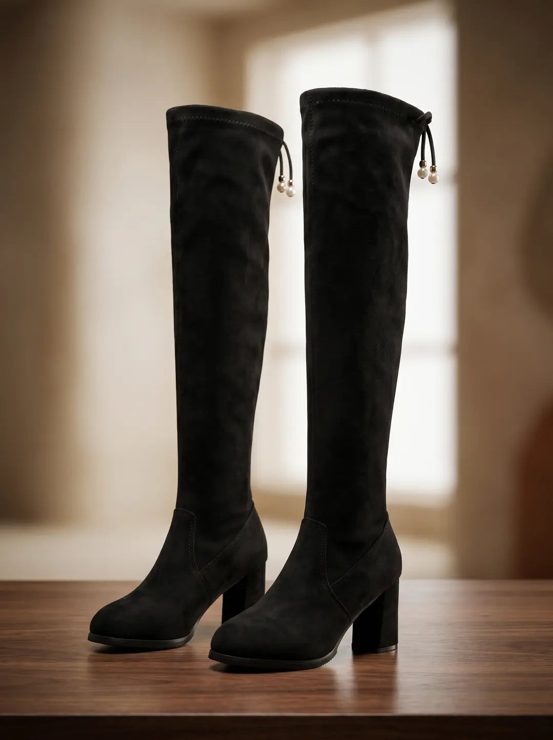 Un par de botas negras por encima de la rodilla, de textura similar al ante, con tacones de bloque y cordones decorativos con cuentas de perlas blancas en la parte superior, colocadas sobre una superficie de madera.