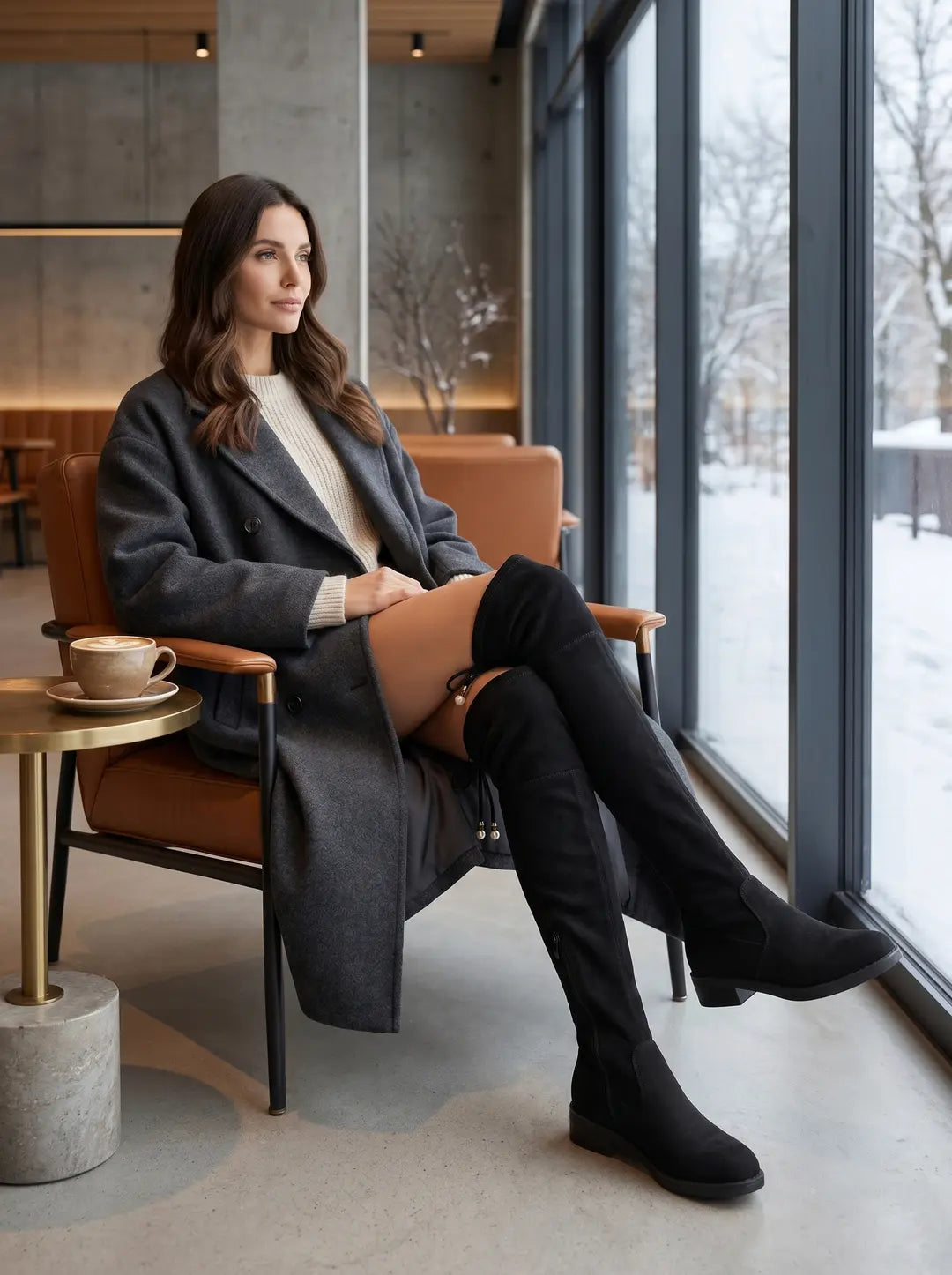 Mujer con cabello castaño sentada en un sillón de cuero marrón, vestida con un abrigo gris oscuro y un suéter claro, con botas negras altas hasta el muslo que tienen cordones decorativos. A su lado hay una mesa dorada con una taza de café. Al fondo se ven grandes ventanales con un paisaje exterior nevado.