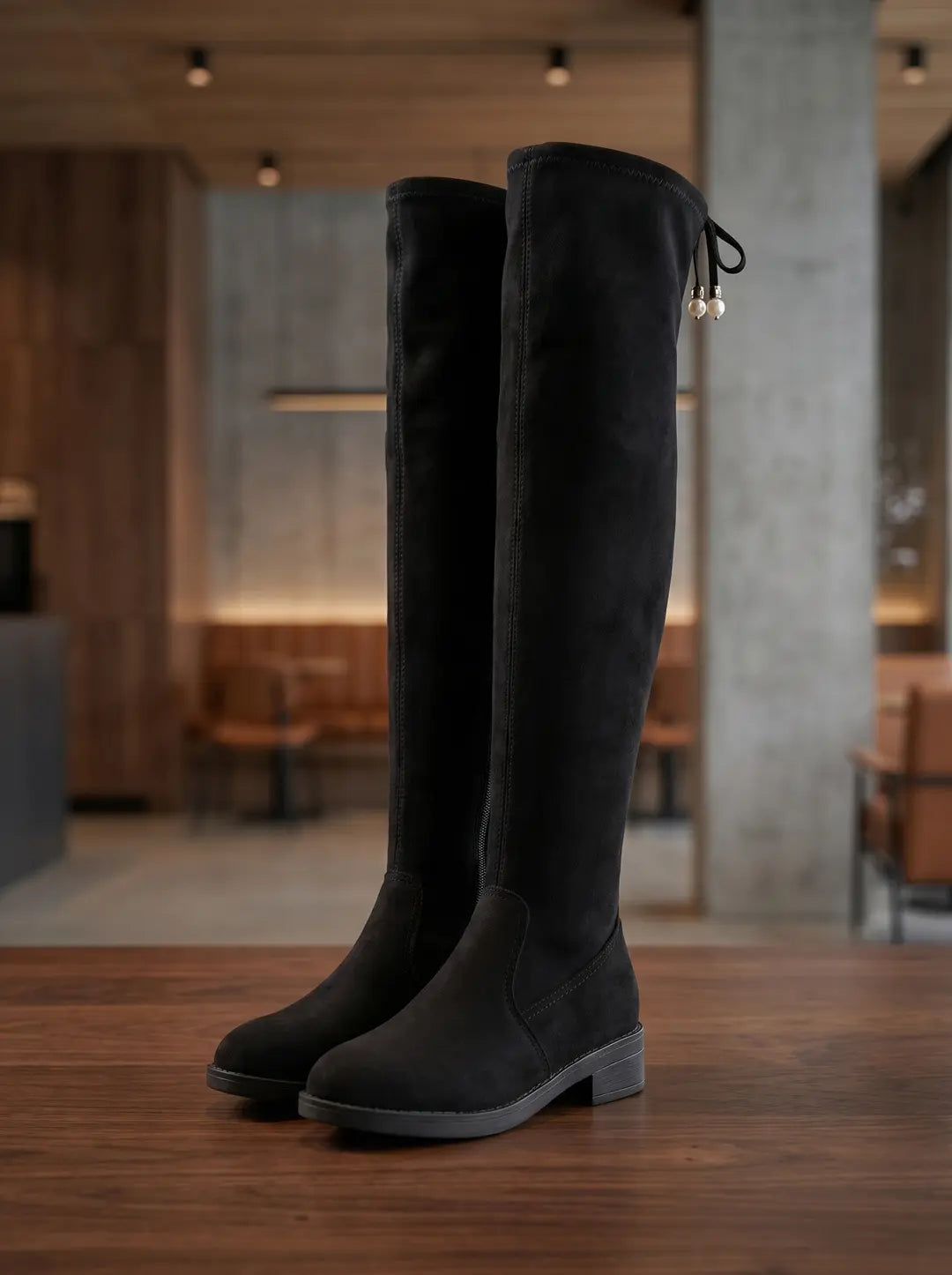 Un par de botas negras por encima de la rodilla, de material similar a gamuza, con tacón plano y detalles de costura. Una bota presenta un cordón con dos abalorios tipo perla en la parte superior trasera y una cremallera en el lado interior. Las botas están sobre una superficie de madera.