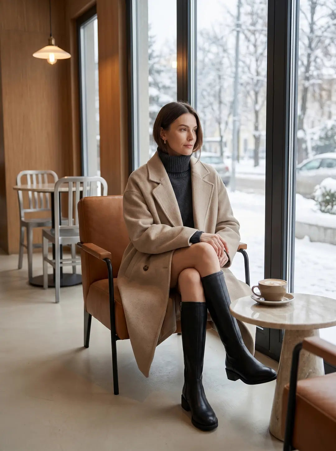 Una mujer sentada en un sillón de cuero marrón dentro de una cafetería, con un abrigo beige, cuello alto gris oscuro y botas altas negras, mirando por una ventana grande a un paisaje nevado. A su lado, en una mesa redonda de mármol, hay una taza de café.
