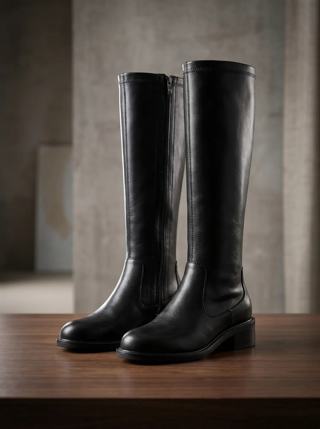 Par de botas altas de cuero negras con cremallera lateral y tacón bajo, sobre una superficie de madera.