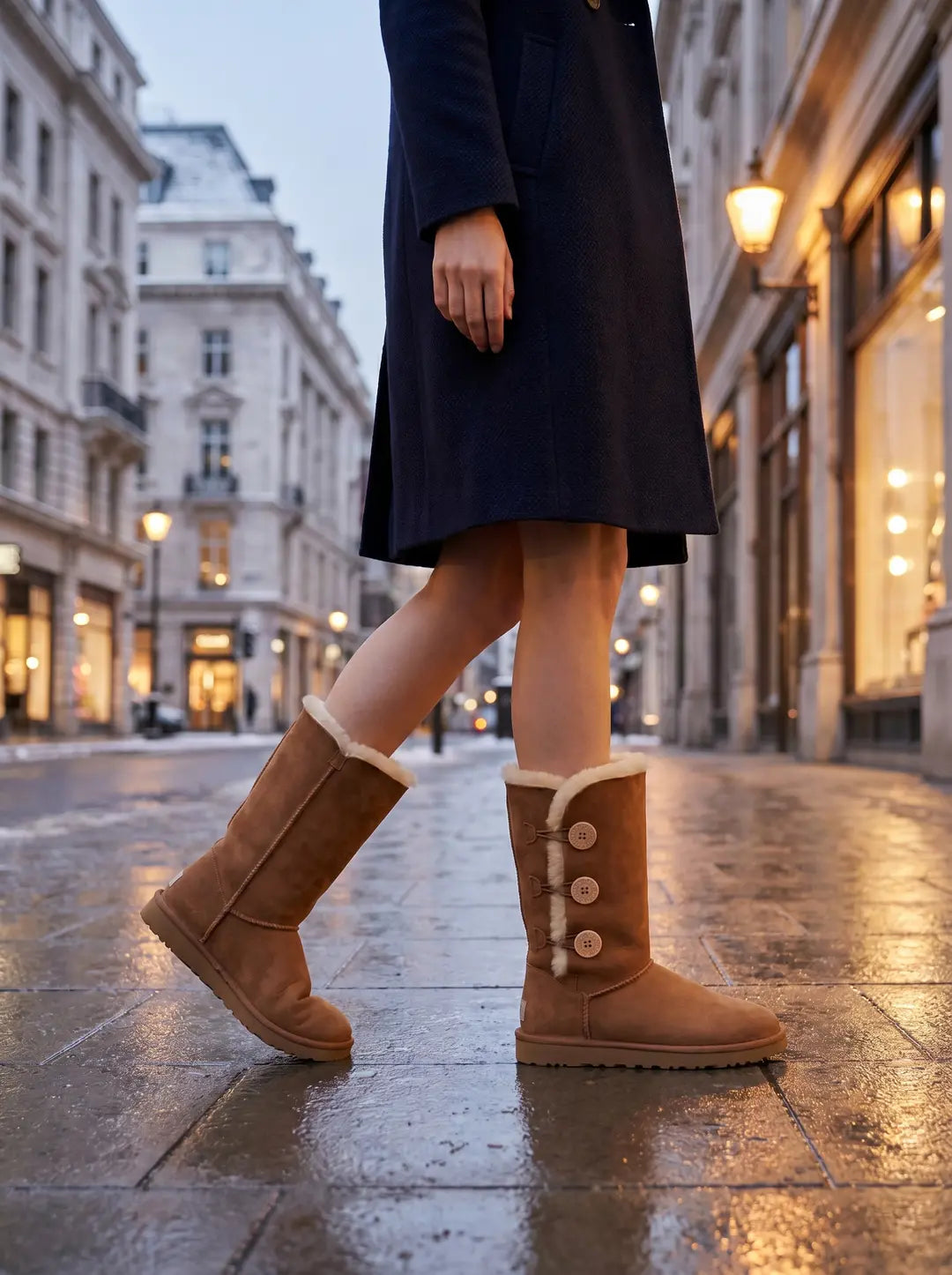 Botas de media caña color marrón claro con forro visible de color crema. Una de las botas presenta tres botones decorativos circulares con trabillas elásticas en el lateral exterior.