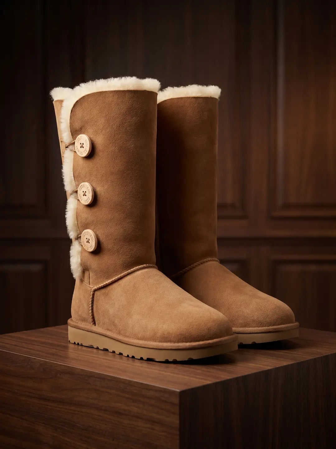 Un par de botas altas de color camel, hechas de ante. El forro de piel de oveja blanca es visible en el borde superior y a lo largo de una costura lateral con tres botones de madera redondos y grabados. Las suelas son de goma de color camel con relieve. Las botas están sobre una superficie de madera oscura.
