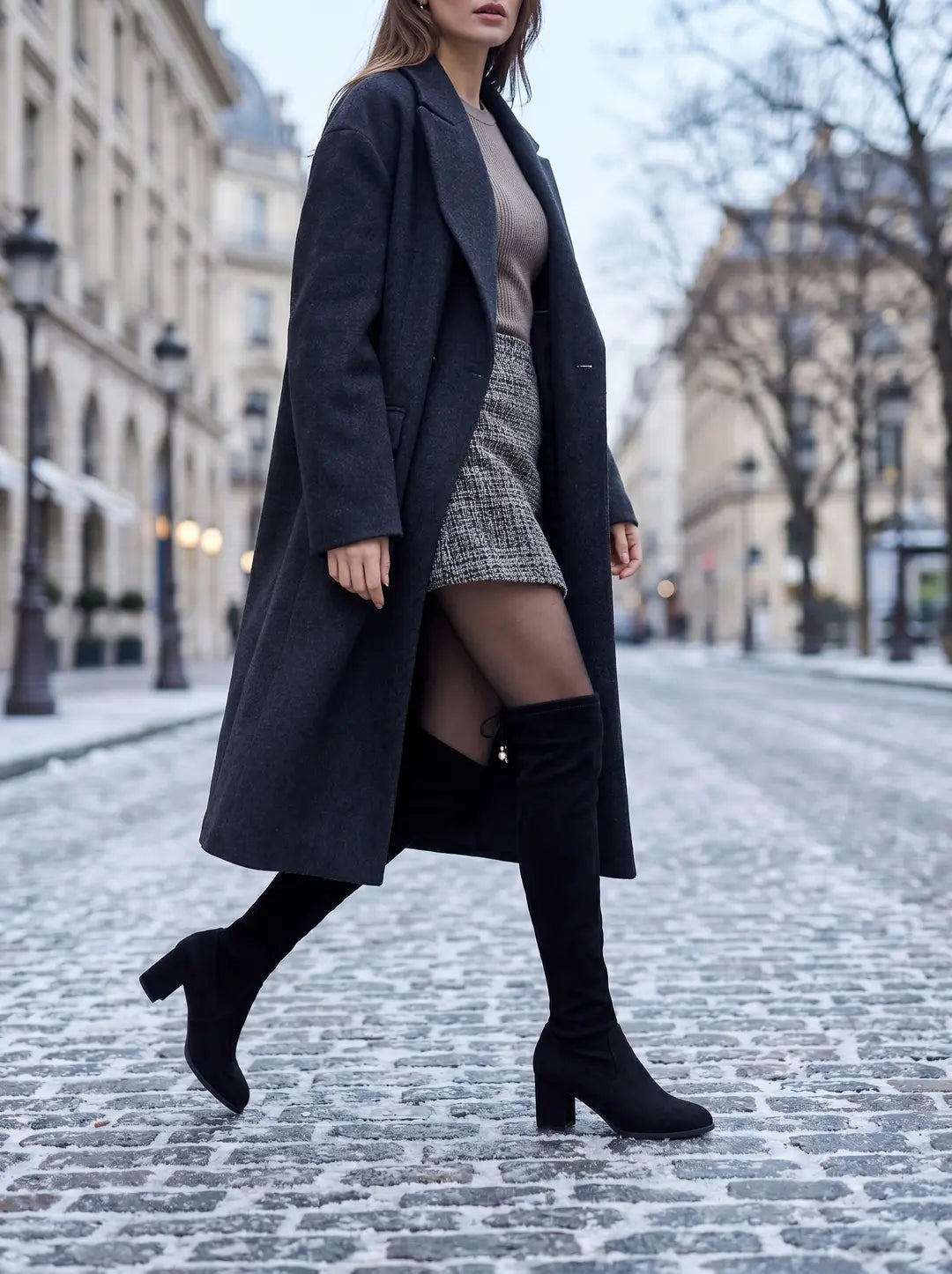 Mujer con abrigo largo gris oscuro, suéter de punto marrón claro, minifalda de tweed, medias negras y botas altas negras, caminando por una calle adoquinada con nieve.