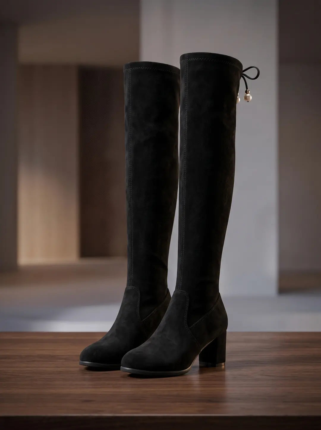 Un par de botas negras por encima de la rodilla, con tacón de bloque, sobre una superficie de madera. La bota derecha presenta un lazo decorativo con dos perlas colgantes.