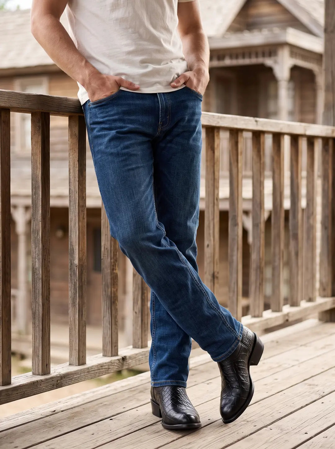 Hombre de pie en un porche de madera, vistiendo una camiseta blanca, jeans azules y botas negras con textura de piel grabada. Tiene las manos en los bolsillos y las piernas cruzadas, apoyado en una barandilla de madera.