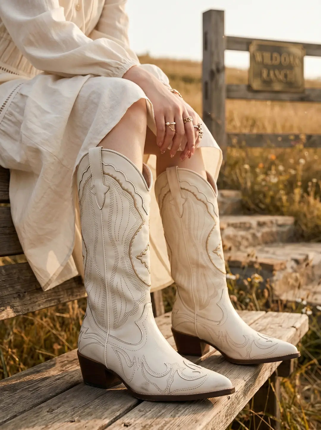Un par de botas vaqueras color crema con intrincados bordados decorativos y tacones bajos marrones. Las botas están puestas en una persona sentada en un banco de madera, que viste un vestido de color claro, con un paisaje rural de fondo.