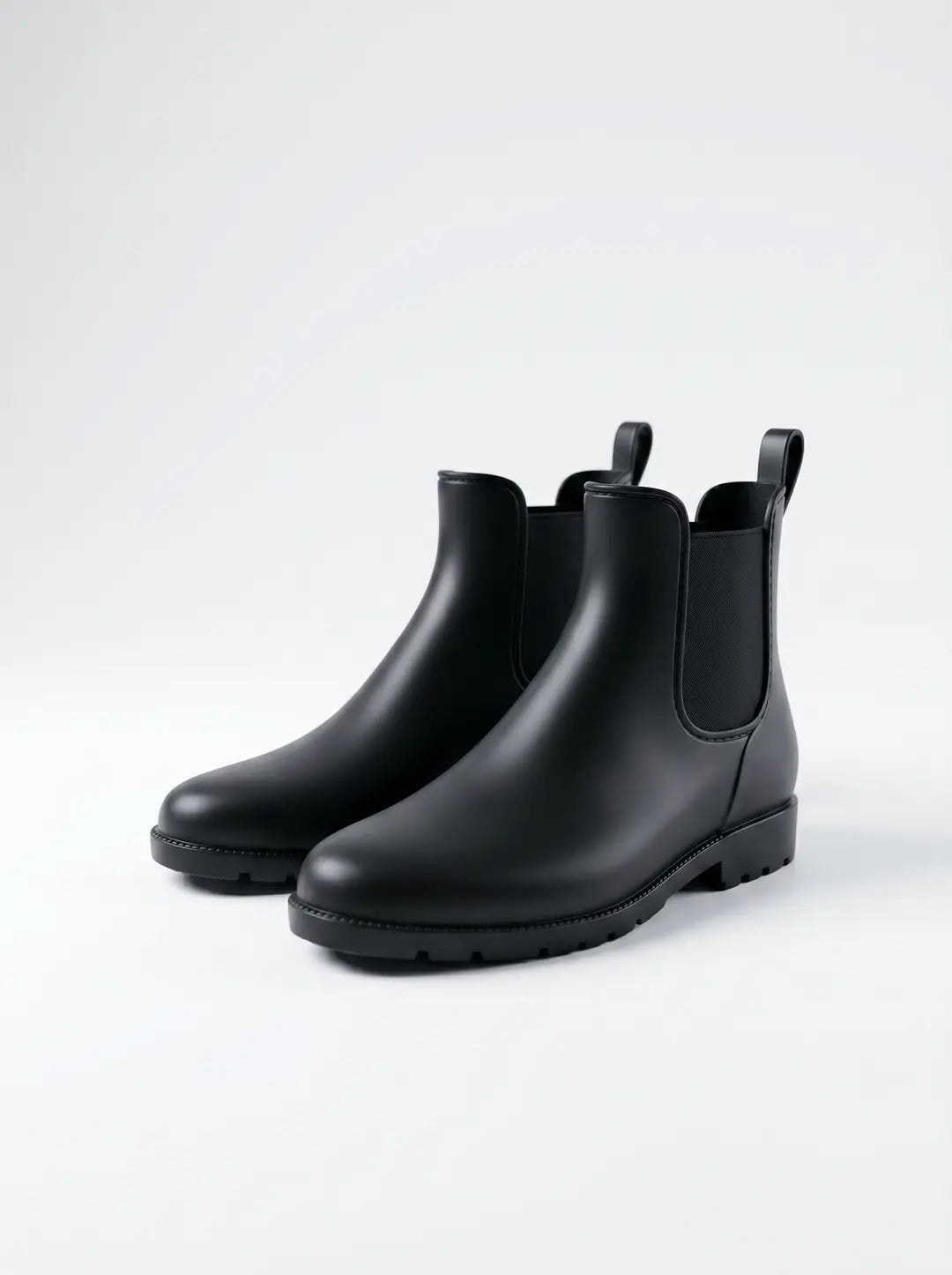 Un par de botas de lluvia negras, estilo Chelsea, con paneles laterales elásticos, tiradores en el cuello y suelas gruesas con relieve, sobre un fondo blanco.