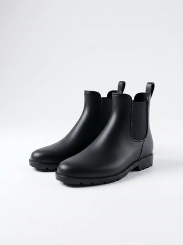 Un par de botas de lluvia negras, estilo Chelsea, con paneles laterales elásticos, tiradores en el cuello y suelas gruesas con relieve, sobre un fondo blanco.