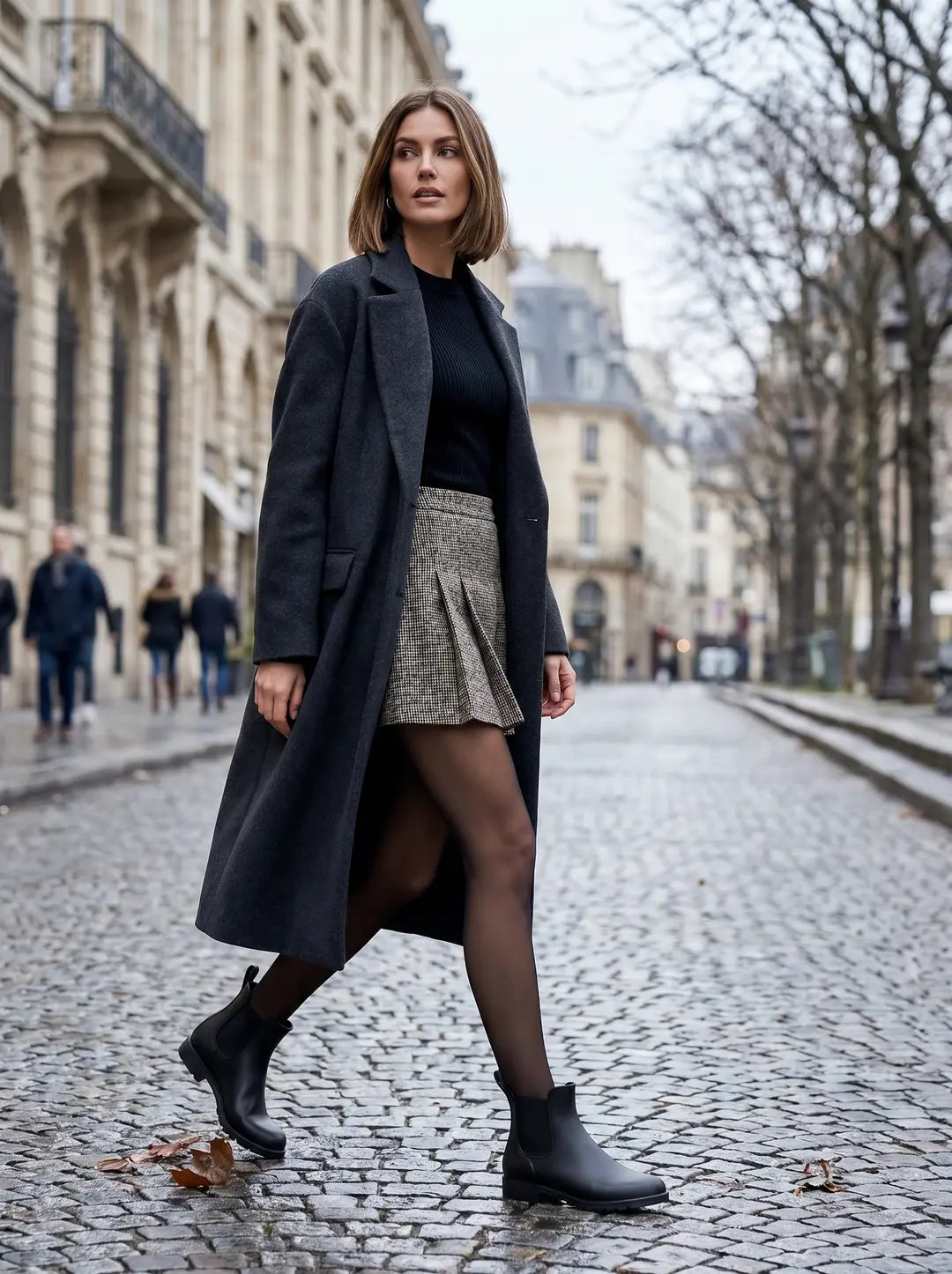 Mujer con abrigo largo gris oscuro, falda plisada a cuadros y botas chelsea negras caminando en una calle adoquinada húmeda con edificios antiguos y árboles sin hojas.