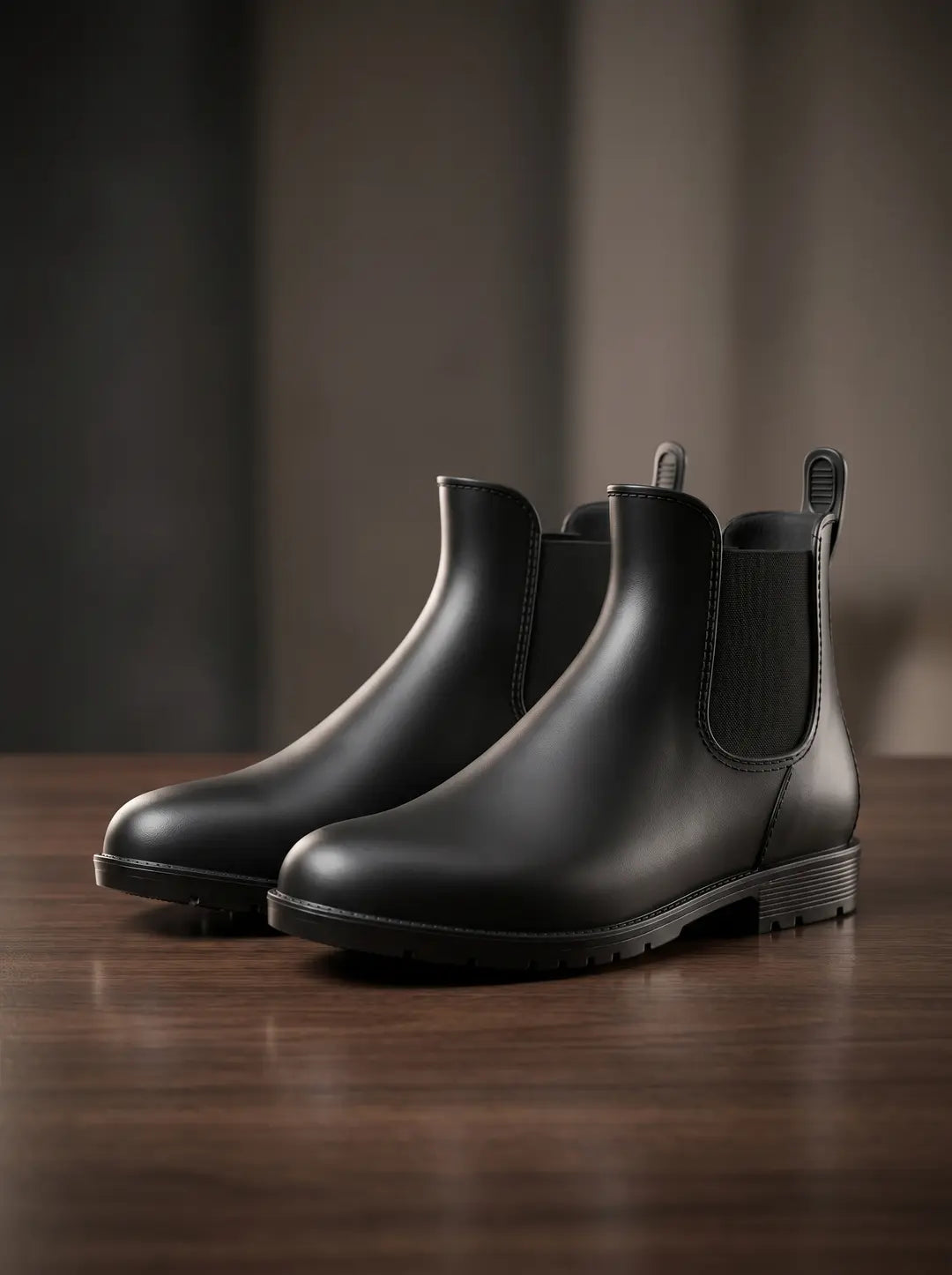 Un par de botas Chelsea negras de material liso y mate, con paneles laterales el
en la parte trasera, colocadas sobre una superficie de madera oscura.