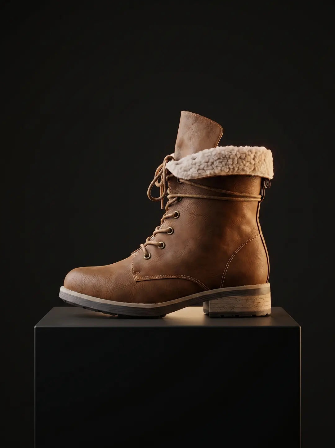 Bota marrón de cordones con forro de borrego blanco en la parte superior, suela gruesa y tacón bajo. Está apoyada sobre un pedestal negro con un fondo oscuro.