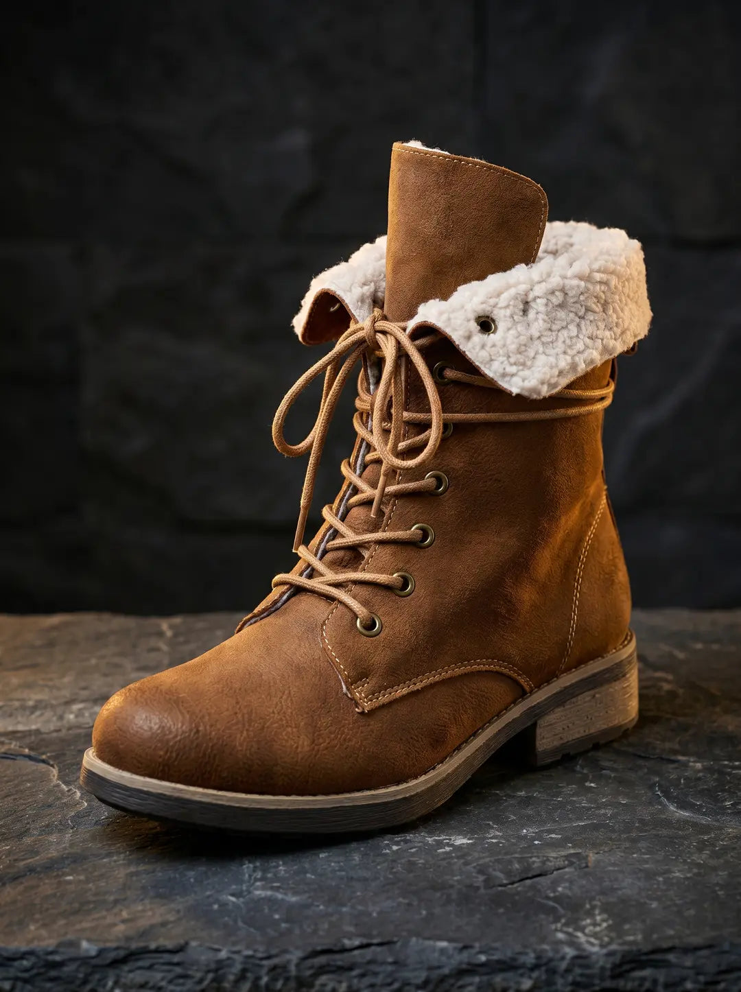 Bota individual de color marrón con cordones, forro de borrego sintético blanco visible en el cuello y suela con tacón bajo, sobre una superficie de piedra oscura.