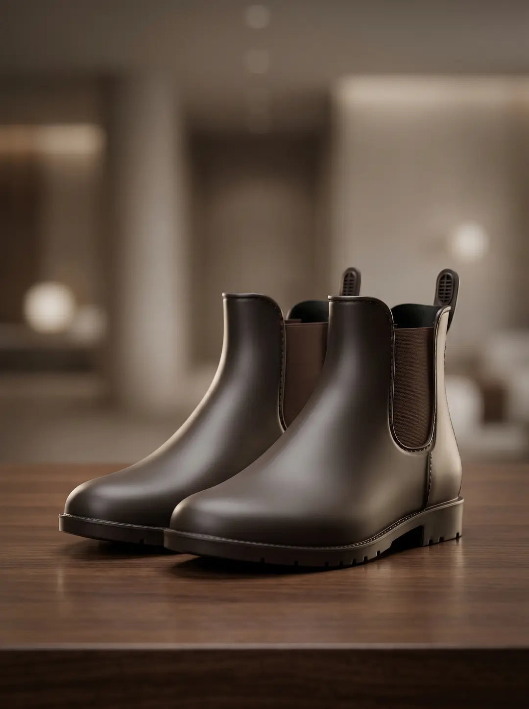 Par de botas Chelsea de color marr
00f3n oscuro mate con paneles el
00e1sticos laterales y tiradores traseros, situadas sobre una superficie de madera veteada. Las botas tienen suelas con un patr
00f3n discreto. El fondo es un interior borroso con iluminaci
00f3n tenue.