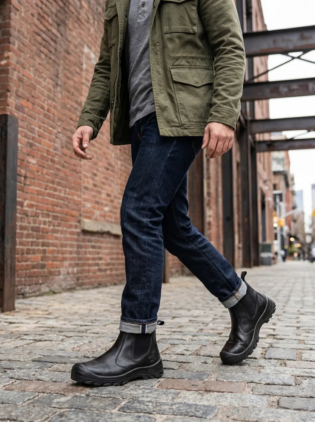 Un hombre caminando sobre adoquines, usando una chaqueta verde militar, una camiseta gris, jeans azul oscuro con dobladillo y botas negras tipo Chelsea de cuero con suela robusta.