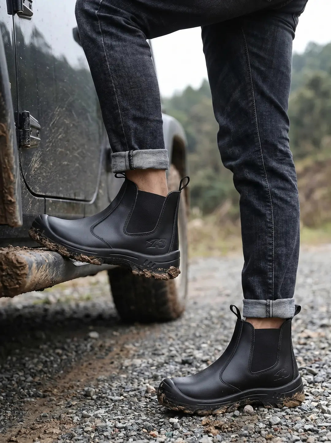 Primer plano de una persona con botas negras de estilo Chelsea y pantalones vaqueros oscuros, con un pie apoyado en el estribo embarrado de un vehículo y el otro en un camino de grava con barro. Las suelas de las botas están sucias.