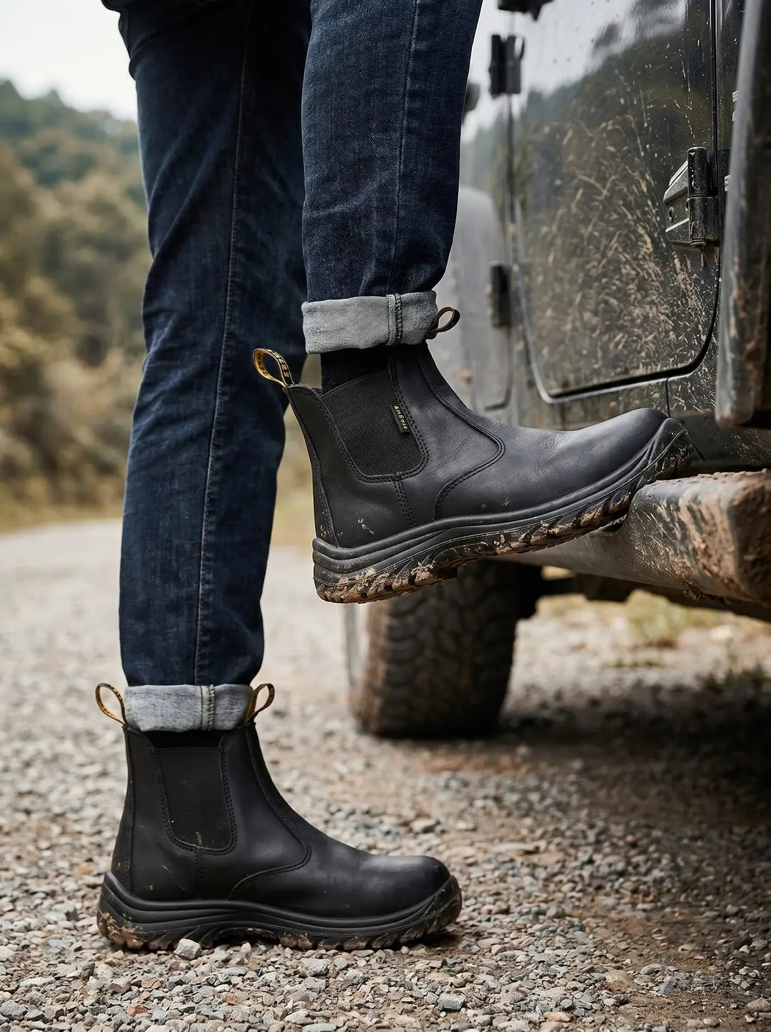 Piernas de una persona vestida con vaqueros azules enrollados y botas Chelsea negras. Una bota, con paneles laterales elásticos, suela robusta y manchada de tierra, está subida en el estribo sucio de un vehículo. La otra bota, idéntica, está apoyada en un camino de gravilla. Ambas botas presentan tiradores amarillos en la parte trasera y el logo 'ARSHIP' en el panel elástico.
