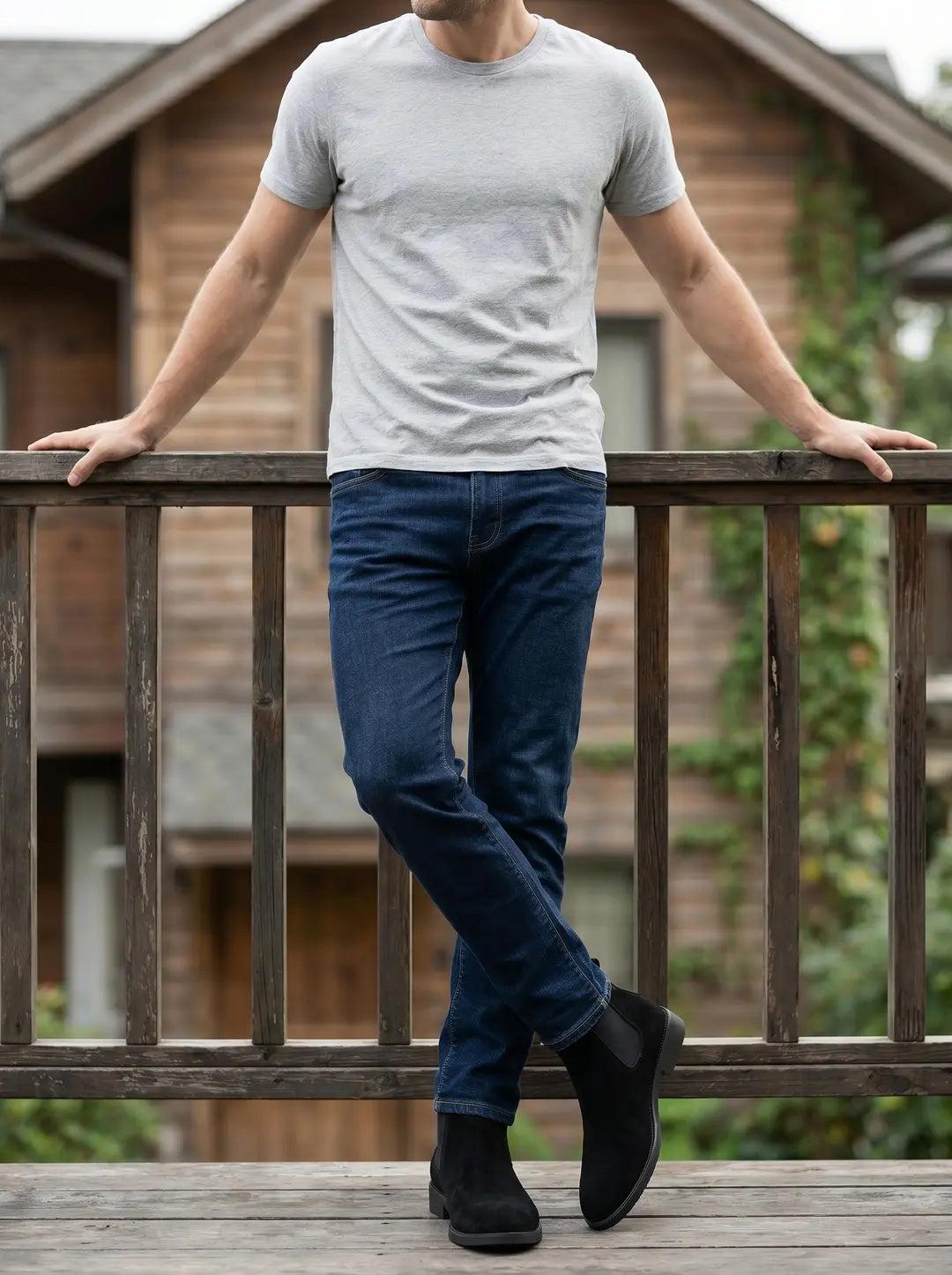 Un hombre con camiseta gris, jeans azul oscuro y botines Chelsea de ante negros está de pie en una terraza de madera.