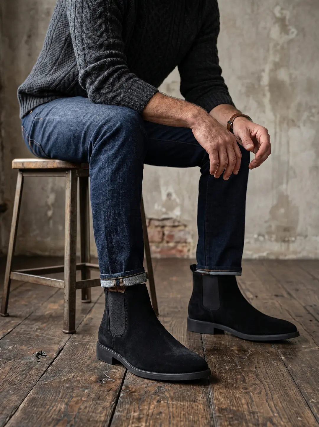 Un hombre sentado con un su
00e9ter de punto gris, jeans azul oscuro con dobladillo y botines Chelsea de ante negro. Lleva un reloj de cuero marr
00f3n en la mu
00f1eca.