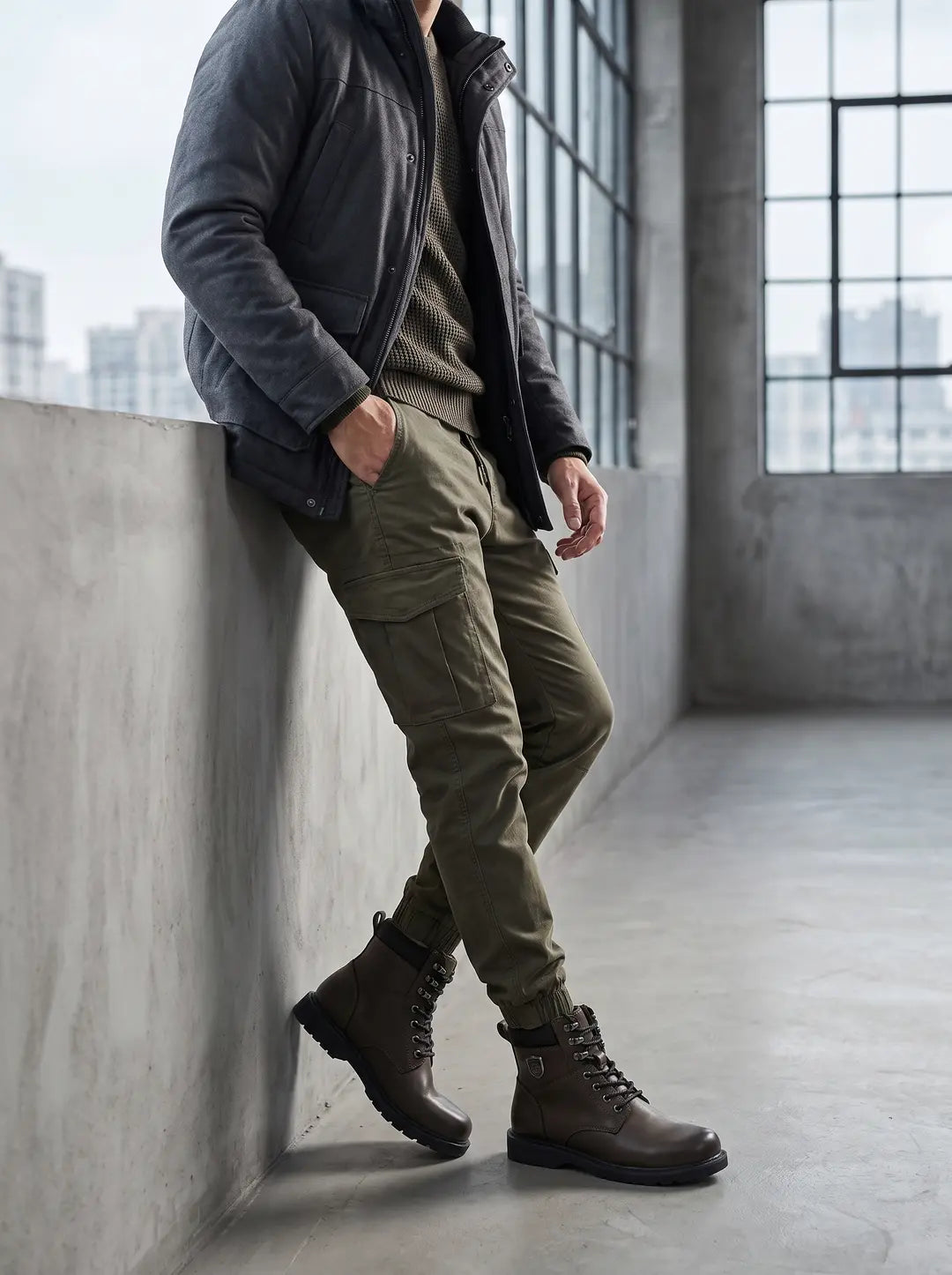 Hombre usando chaqueta gris oscuro, suéter de punto verde oliva, pantalones cargo verde oliva con puños elásticos y botas de cordones marrones con suelas negras.