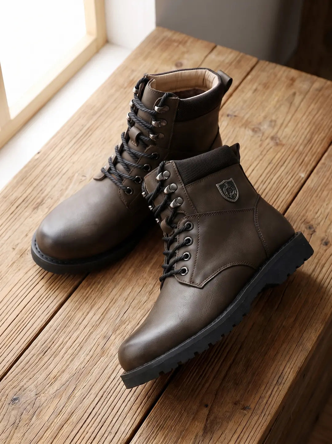 Un par de botas de color marrón oscuro con cordones negros, suelas negras con relieve y un emblema metálico en el lateral, dispuestas sobre una tabla de madera.
