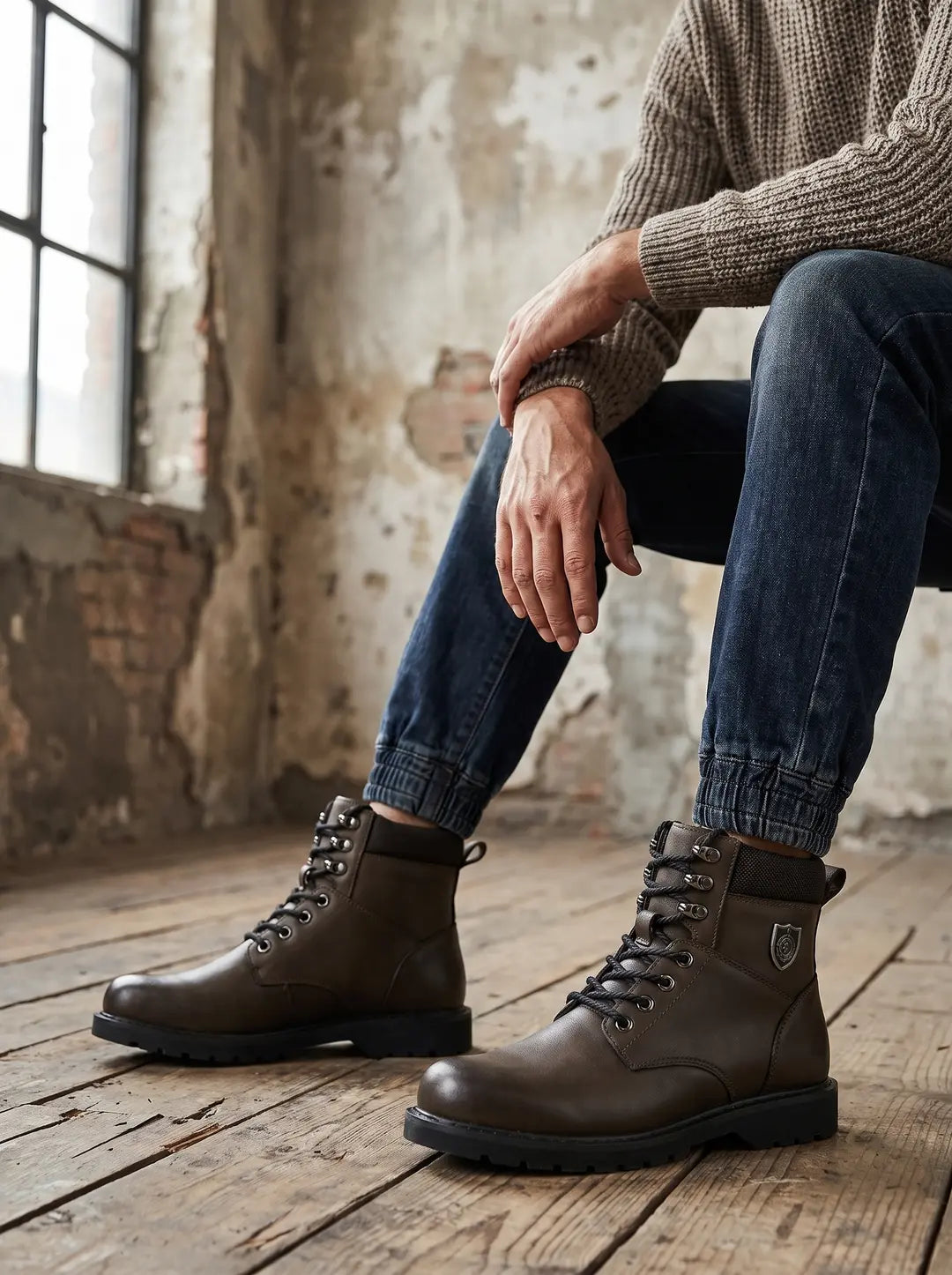 Un par de botas de hombre de color marrón oscuro con cordones negros, ojales metálicos plateados y suelas negras gruesas. Las botas tienen un cuello acolchado y un emblema metálico en el lateral.