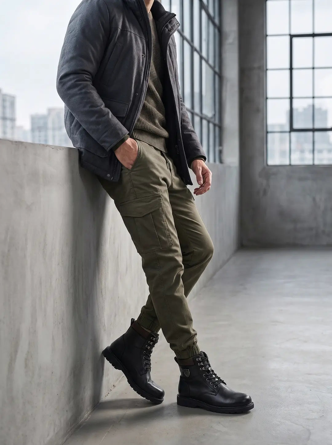 Un hombre vestido con una chaqueta gris oscuro, un suéter de punto verde oliva y pantalones cargo verde oliva con puños elásticos. Lleva botas negras de cuero con cordones y una insignia en el lateral. El hombre se apoya en una pared de hormigón con una gran ventana y edificios de la ciudad al fondo.
