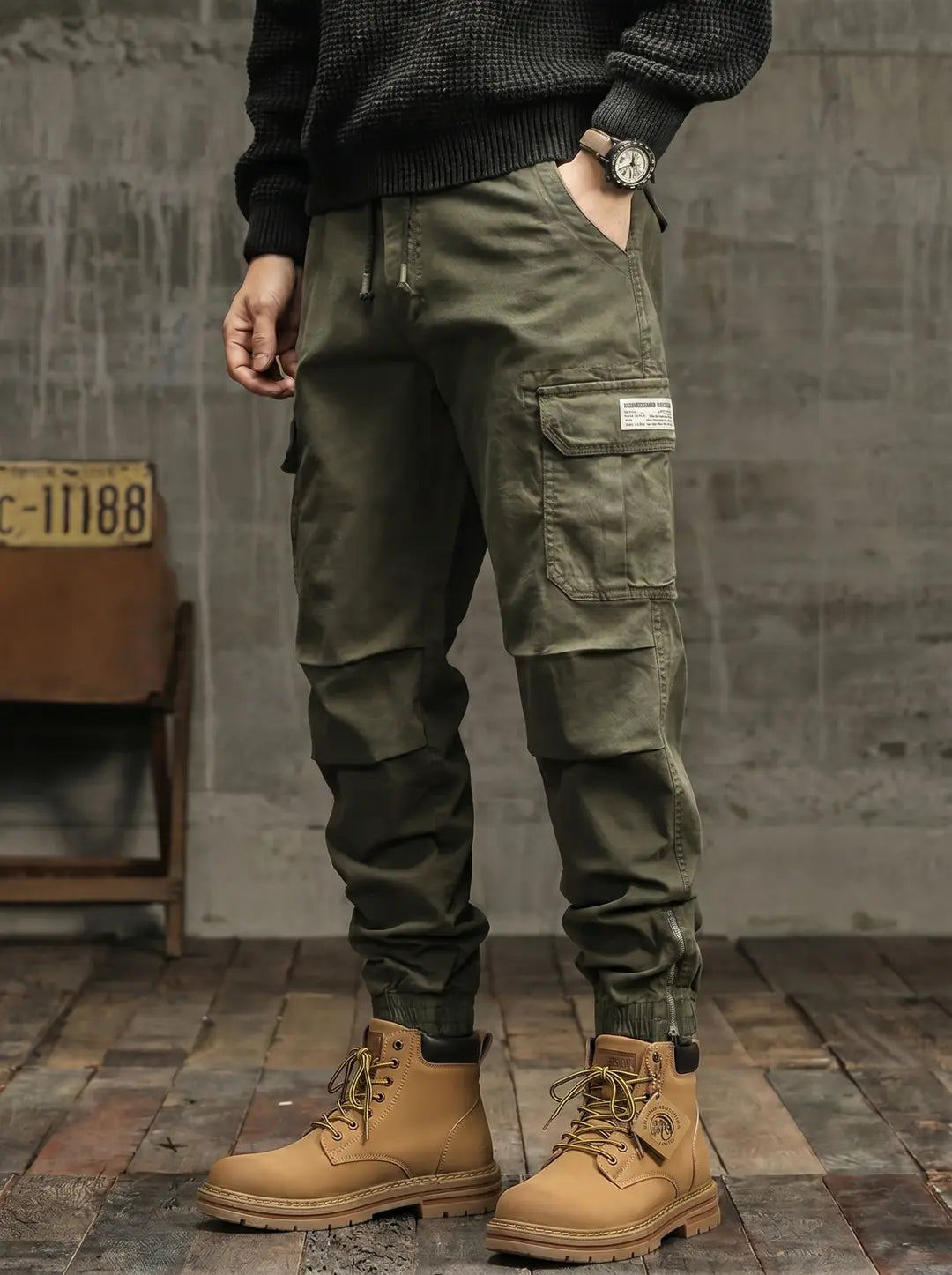 Persona con un suéter de punto oscuro, pantalones cargo verde oliva con bolsillos laterales y parches en las rodillas, y botas de trabajo color camel con cordones amarillos y suelas gruesas.