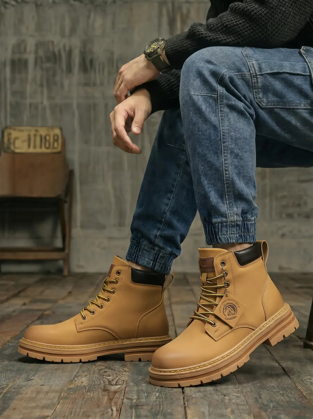 Botas de color canela con cordones amarillos y suelas gruesas, siendo usadas por una persona sentada que viste pantalones vaqueros con puños elásticos. Una etiqueta cuelga de los cordones de una de las botas.