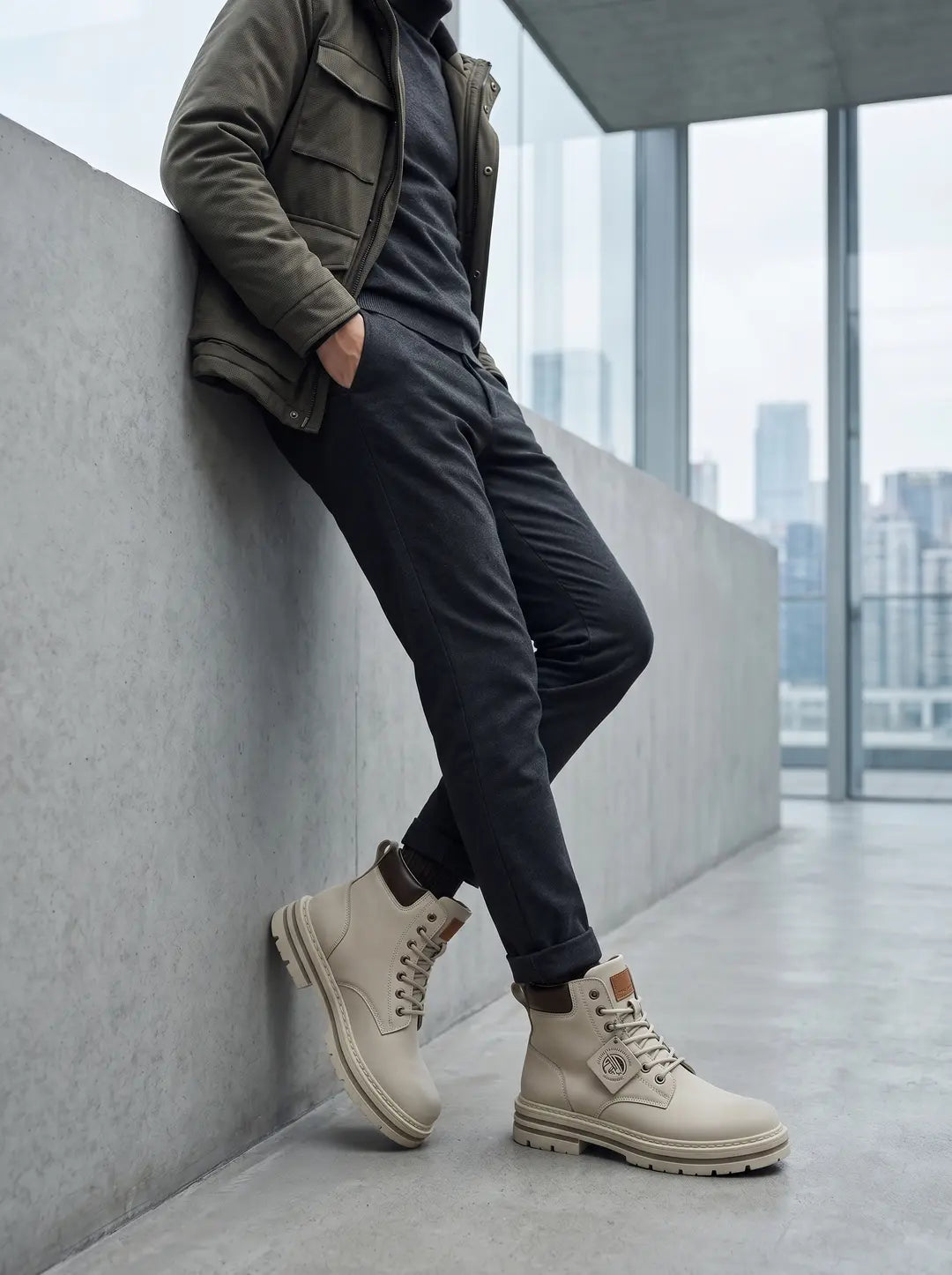 Botas de color beige claro con cordones, suela gruesa y detalles marrones oscuros, usadas por un hombre con pantalones grises y chaqueta verde militar.